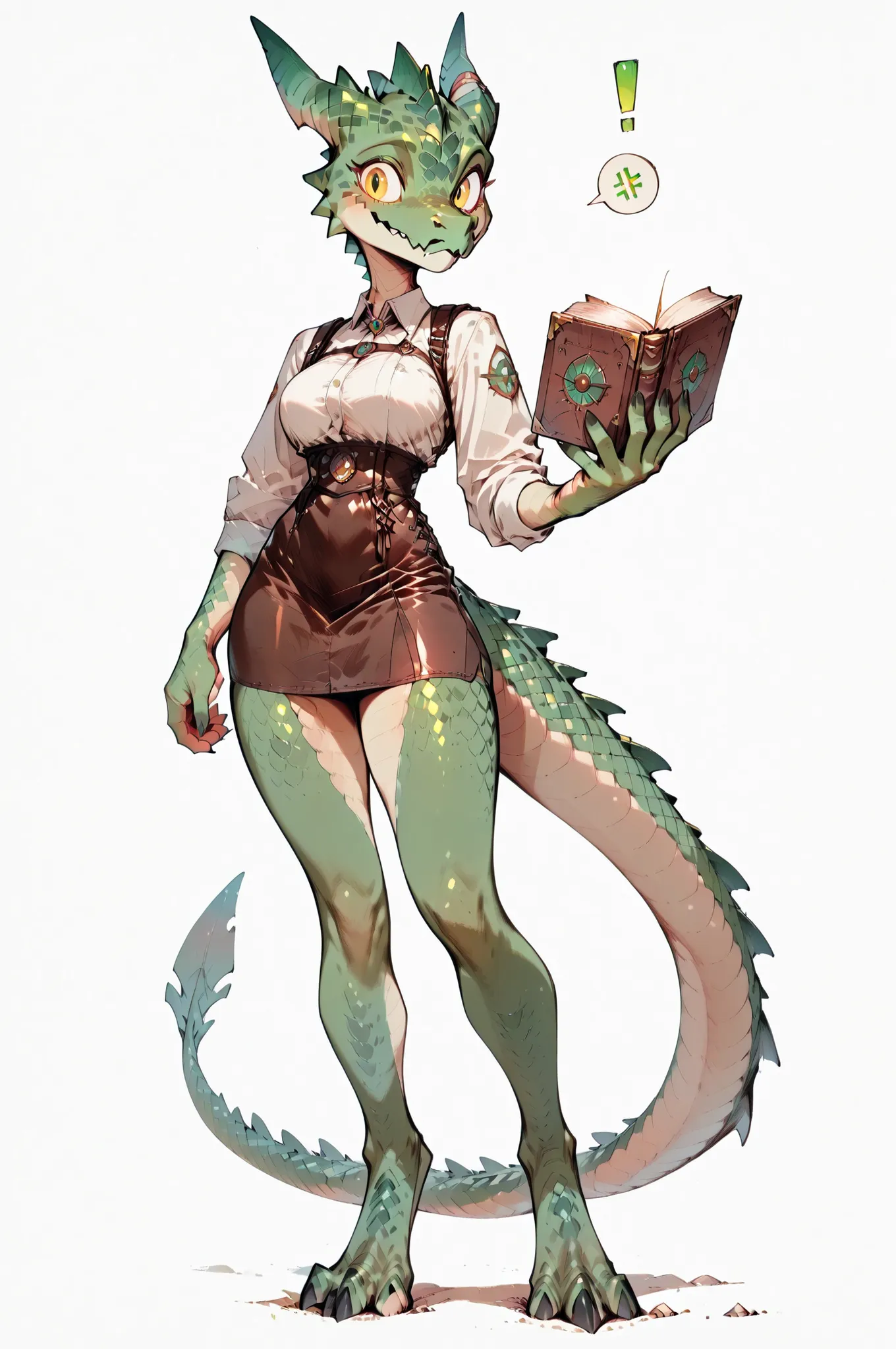 ( solo female, green skin, green scales, (((Kobold)), (detailed kobold)) medium breasts , wearing a adventure equipament, light crop, leather skirt,  character design, holding a old book in his hand