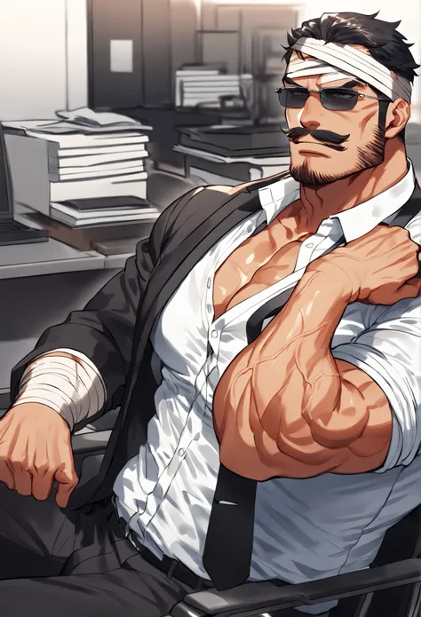 A middle-aged mafia boss patient man sitting down on the chair in the office at midnight, Detailed face, Captivating look, moustache, Masculine face, Muscular body, Prominent veins, wearing white shirt and black jacket and black pants and black tie, sungla...
