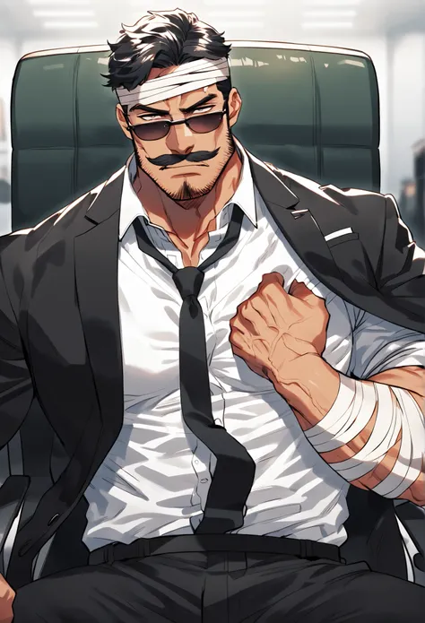 A middle-aged mafia boss patient man sitting down on the chair in the office, Detailed face, Captivating look, moustache, Masculine face, Muscular body, Prominent veins, wearing white shirt and black jacket and black pants and black tie, sunglass, alone, o...