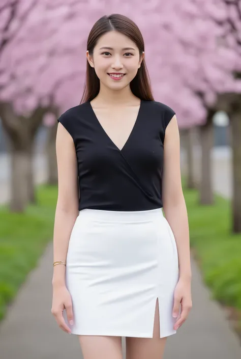 4 Japanese women in their 20s,The 4 prettiest women,4 people walk side by side through cherry blossom trees,4 Extremely Beautiful Women with a Thin Waist,H cup,Nipples are not visible,I won't show,hide,deep v-neck,Black Sleeveless Top That Fits Your Body,U...