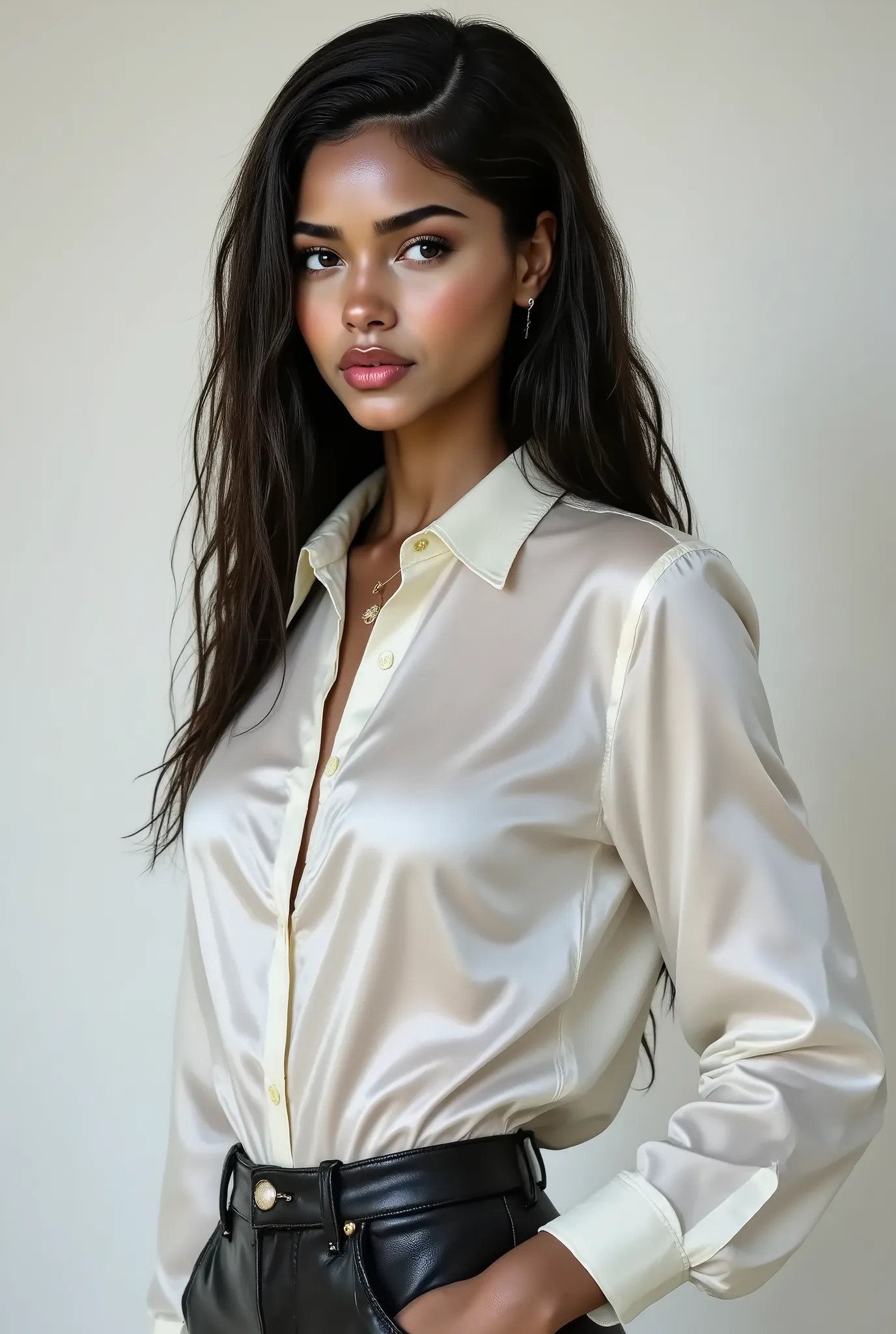 arafed woman, dark hair, instagram model with a shiny white satin button down shirt, black leather pants, side profile, white studio background