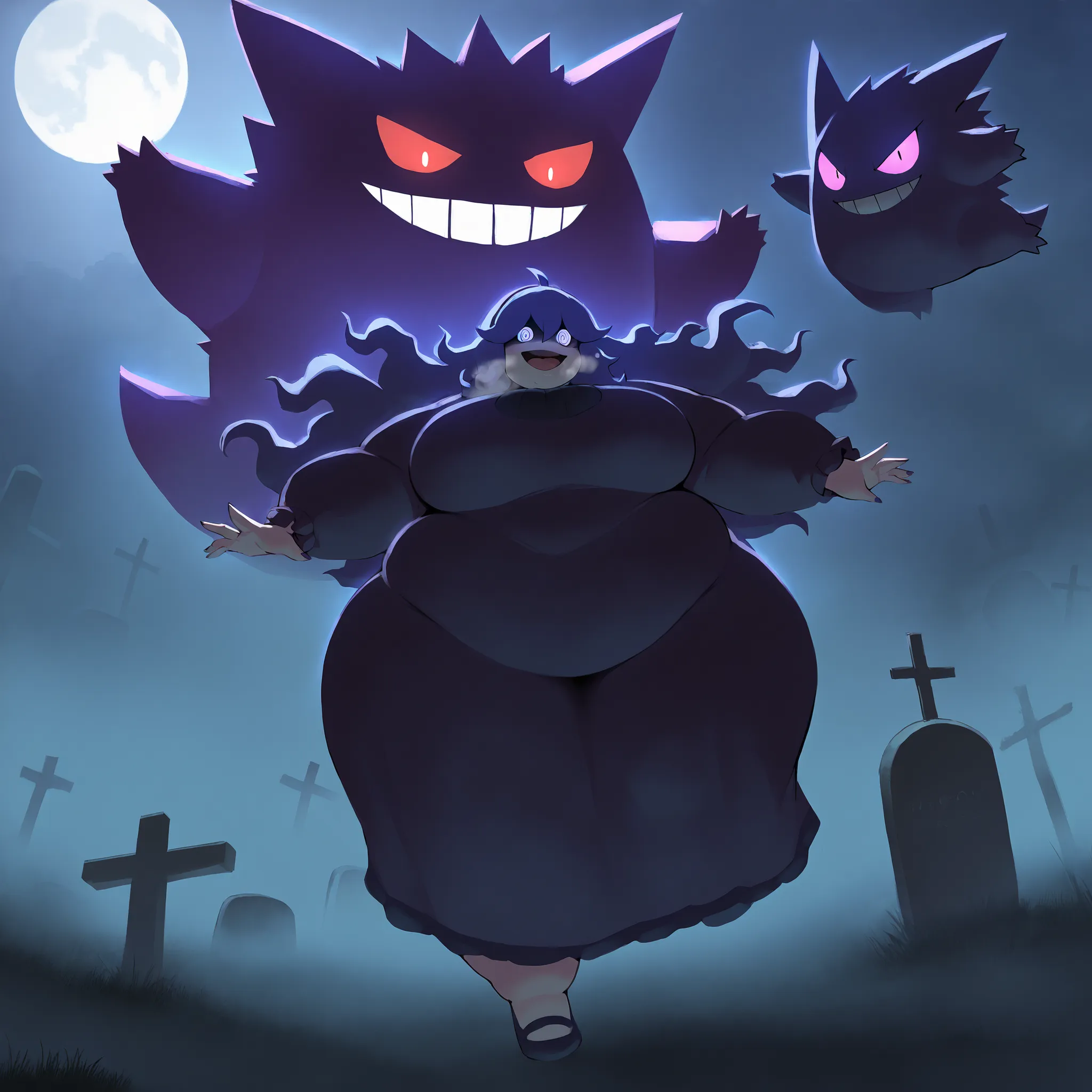 astero, scenery, pokemon \(creature\),
masterpiece,best quality,very aesthetic,newest,
gengar,
1girl,
hex maniac,
purple hair, floating hair,
dress, large breasts, glowing eyes, evil smile,
night, dark, moon, tombstone, cemetery, fog, dark  fat, chubby, ob...