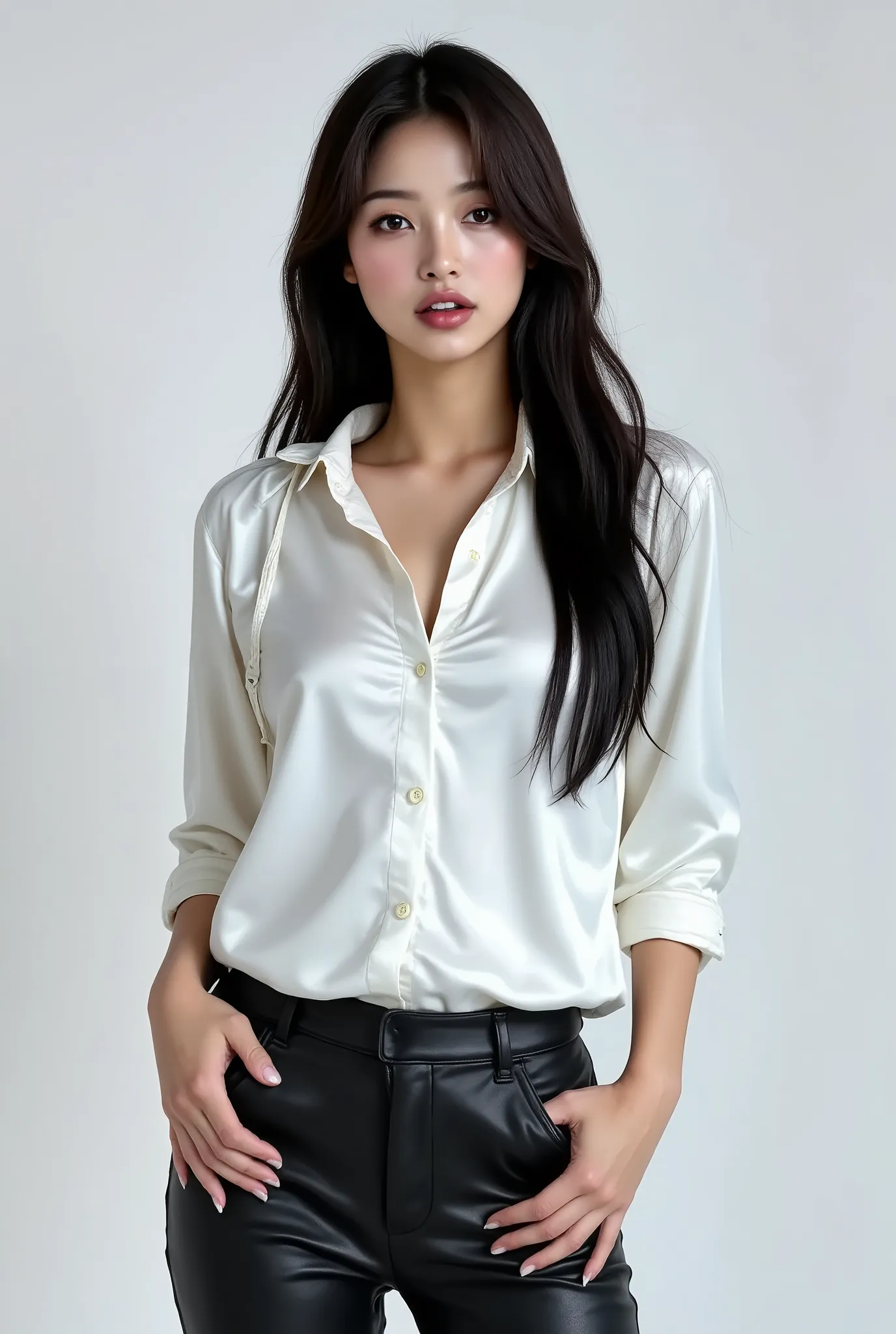 arafed woman, female model with a shiny white satin button down shirt, black leather pants, white studio background