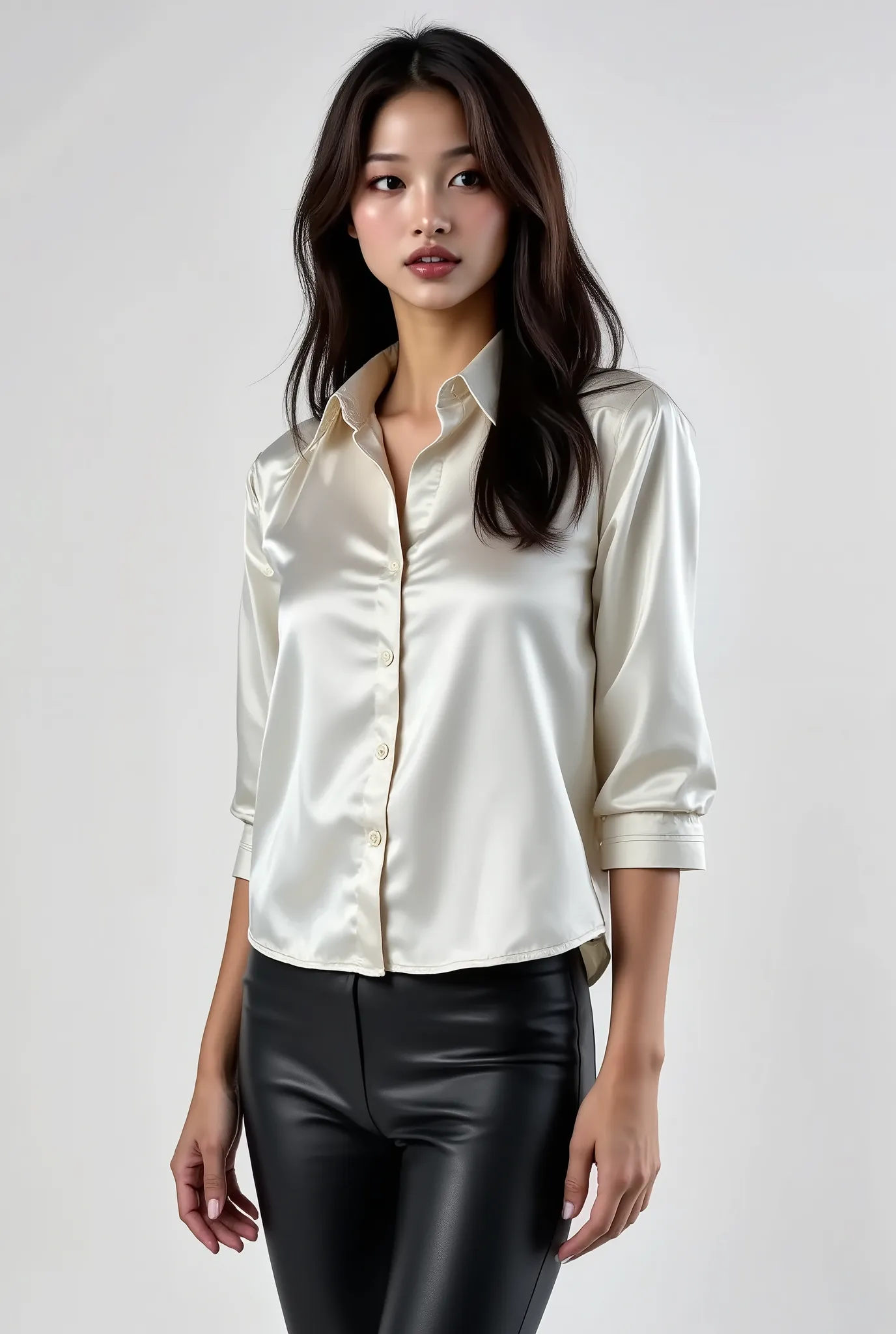 arafed woman, female model with a shiny white satin button down shirt, black leather pants, white studio background