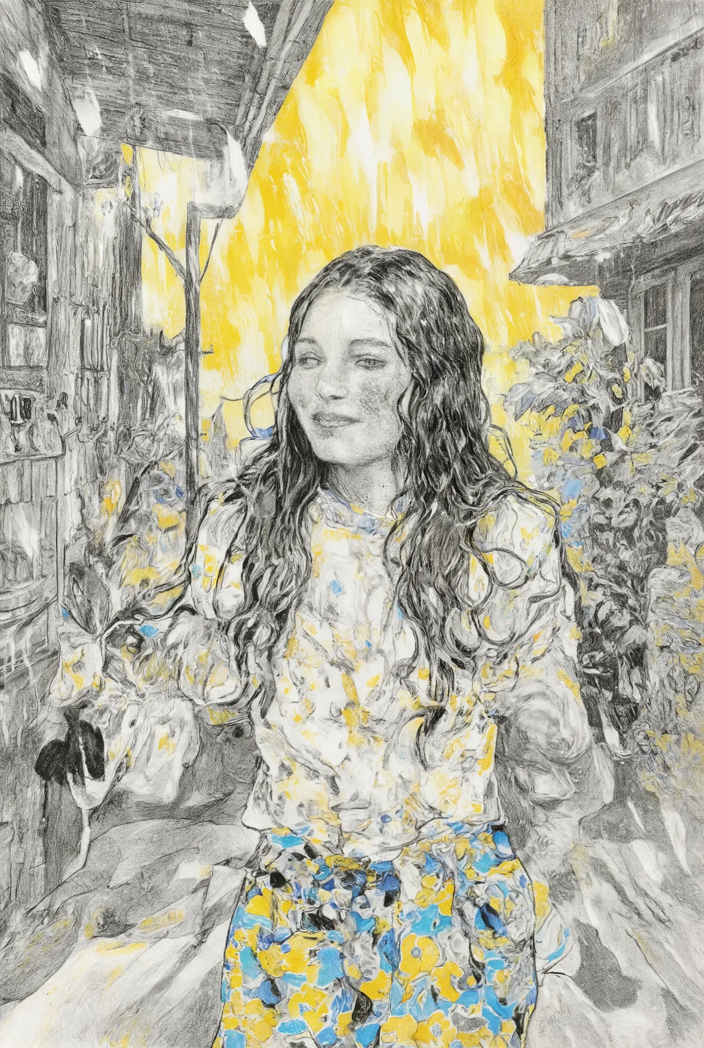 full color、A beautiful girl running wet in a fierce squall、Hide your head in a small bag、It has a very happy expression、 My long hair is wet 、It's raining but the sunshine is shining、Beautiful scenery after the rain, very detailed, , pattern art、
pencil d...