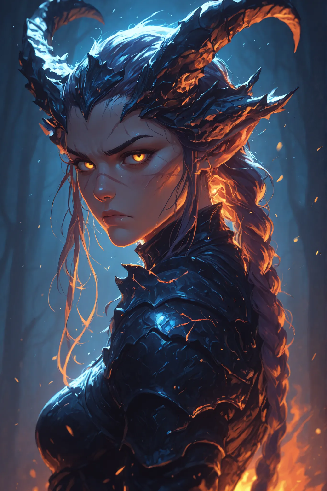 a barbarian warrior, with a beautiful face marked with scars, in a back pose where you can see the muscles of her back without losing her sexy appearance, with scars, wearing detailed and tight leather armor, and a horned helmet, her facial expression is a...
