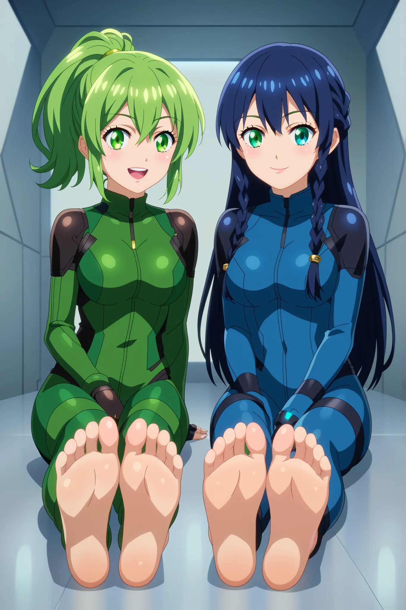Two anime girls sitting side by side, both wearing futuristic henshin (transformation) suits. They are Chrono Green (green ponytail, cheerful expression) and Chrono Blue (long dark-blue hair with braids, calm expression). Both have their legs stretched for...