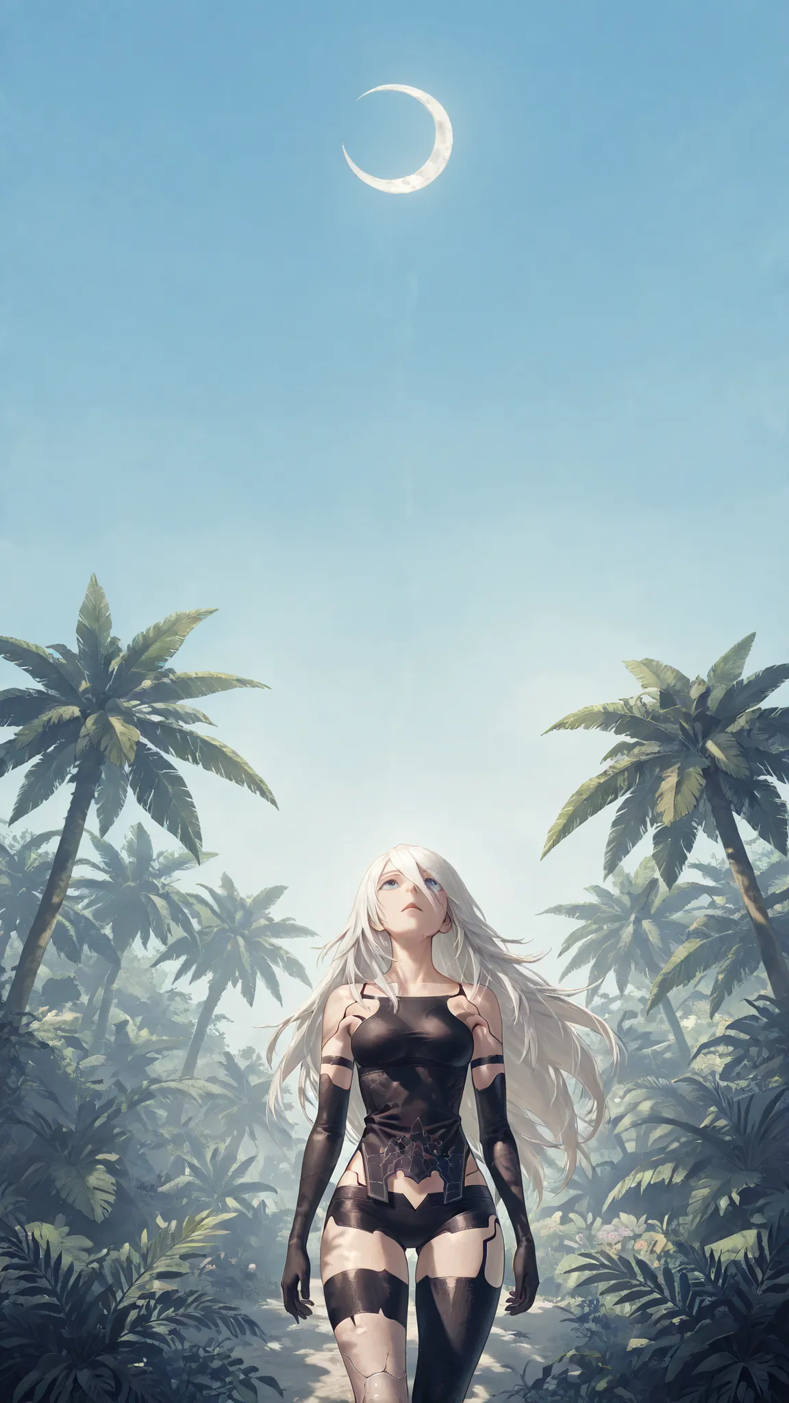 Masterpiece, solo, 1character, a2_\(nier:automata\), long hair, scenery, nierscene, in a tropical forest, looking up at the bright blue sky, day, vibrant colors, small crescent moon visible in the daytime sky, Ko'olau volcano in the distance