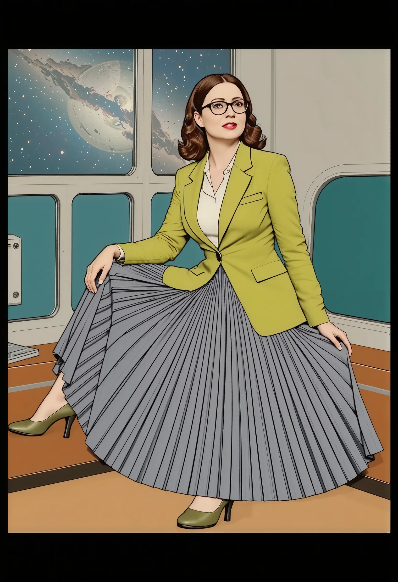 In an interstellar office adorned with vintage charm, a demure, mature therapist, dressed in a crisp uniform jacket and a blouse, reveals her alluring feminine grace. Her long, pleated skirt flows dramatically as the subtly lifts it, each fold a testament...