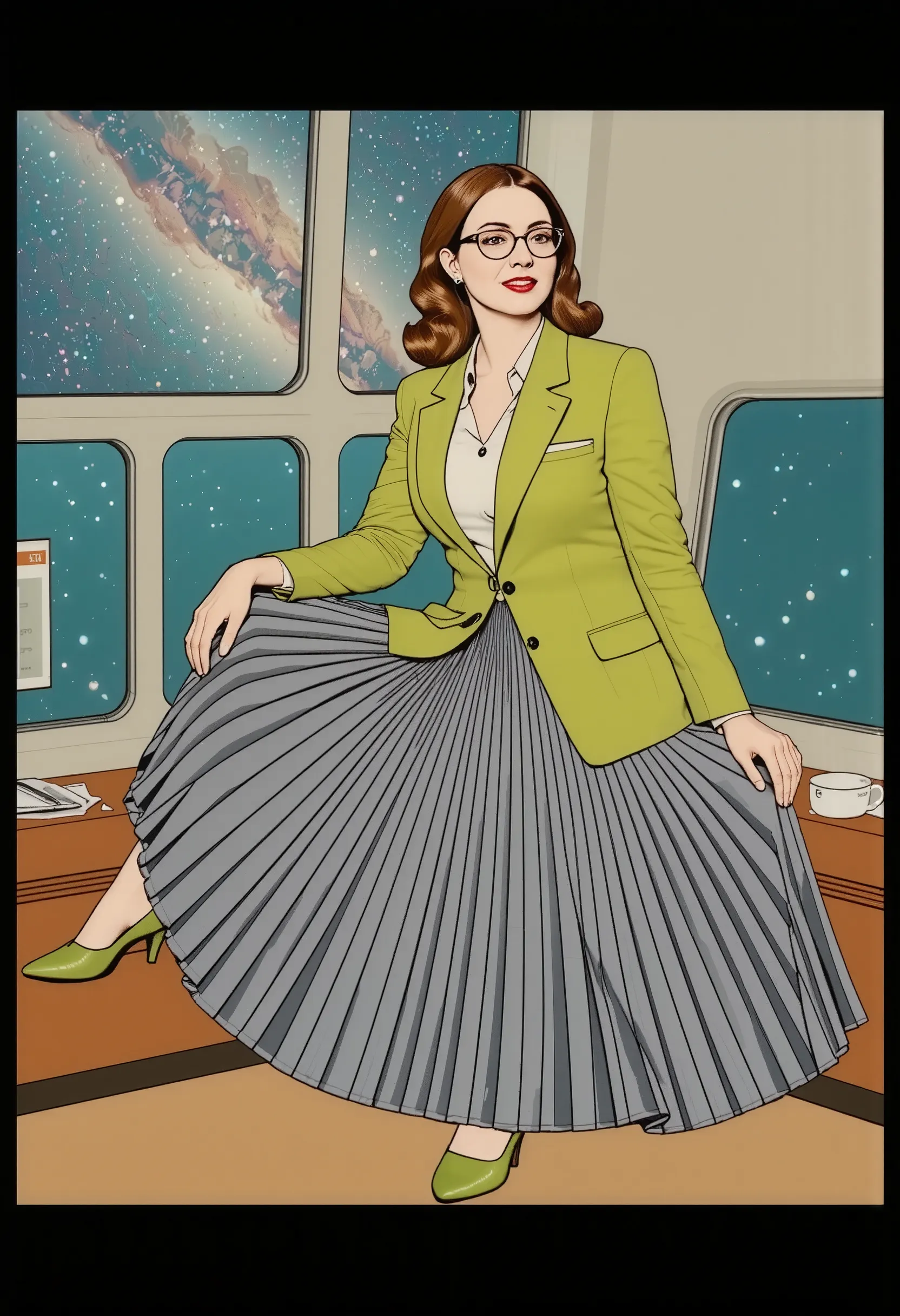 In an interstellar office adorned with vintage charm, a demure, mature therapist, dressed in a crisp uniform jacket and a blouse, reveals her alluring feminine grace. Her long, pleated skirt flows dramatically as the subtly lifts it, each fold a testament...