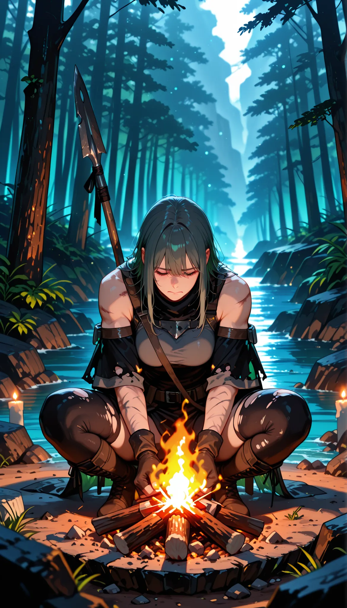 uninhabited island survival, Clothes Made of Rag Hemp, sitting, harpoon, bonfire, Island Shores and Forests,High Quality,Ultra-realistic,professional,4K resolution for hard hair,extreme details,realistic colors,bokeh,Strong Atmosphere,untapped nature,vast ...