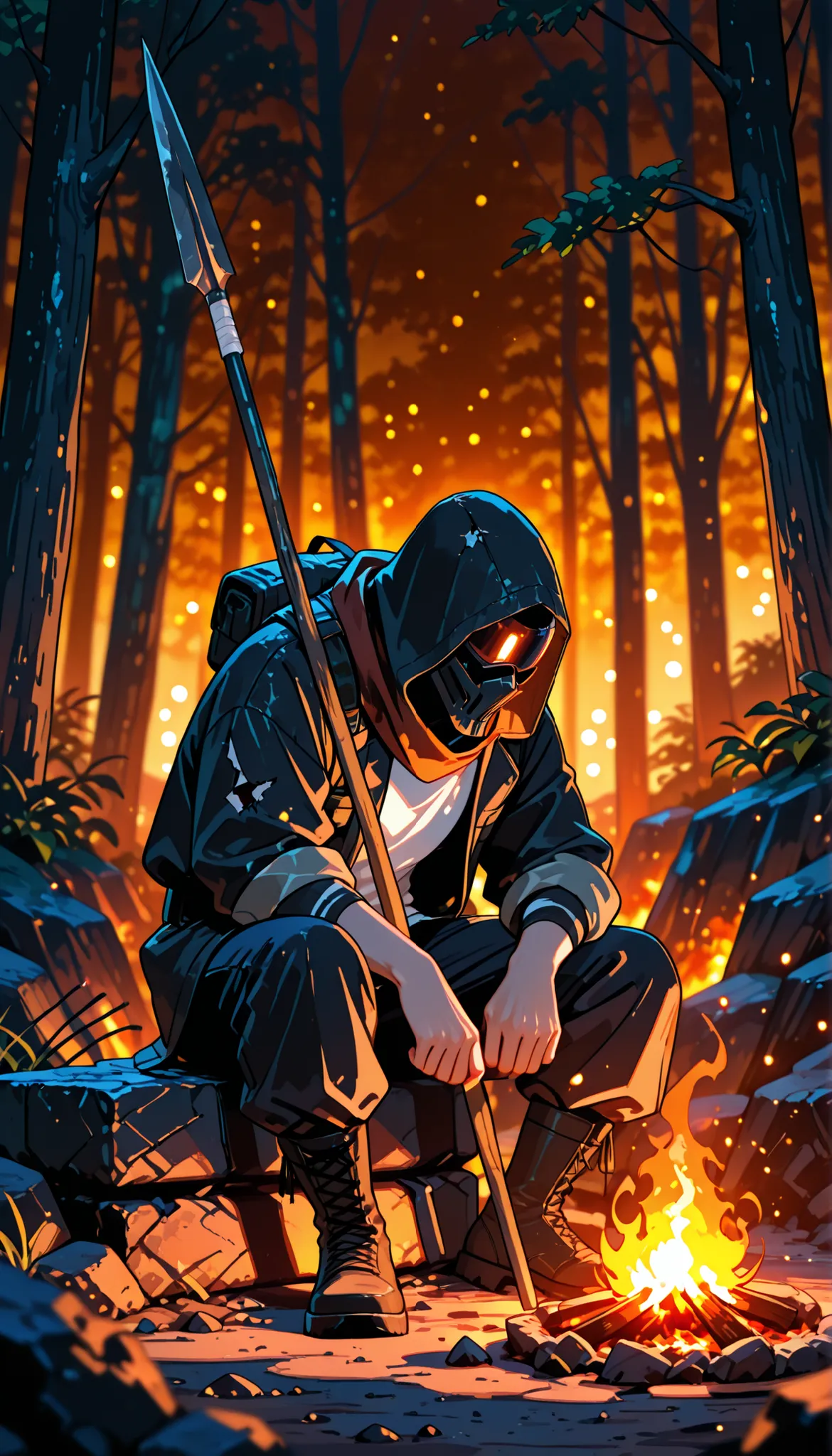 uninhabited island survival, Clothes Made of Rag Hemp, sitting, harpoon, bonfire, Island Shores and Forests,High Quality,Ultra-realistic,professional,4K resolution for hard hair,extreme details,realistic colors,bokeh,Strong Atmosphere,untapped nature,vast ...