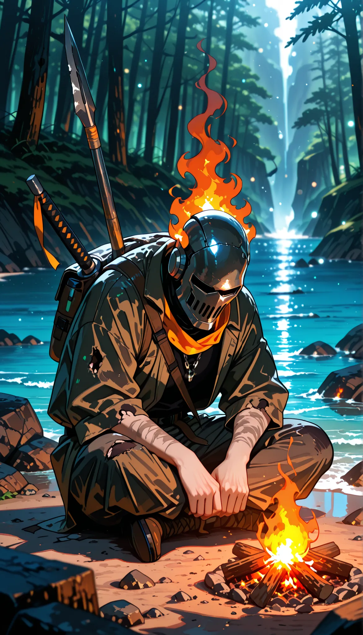 uninhabited island survival, Clothes Made of Rag Hemp, sitting, harpoon, bonfire, Island Shores and Forests,High Quality,Ultra-realistic,professional,4K resolution for hard hair,extreme details,realistic colors,bokeh,Strong Atmosphere,untapped nature,vast ...