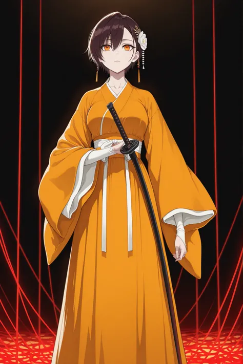 masterpiece, good resolution, HD Quality, newest, good lighting, good anatomy, good resolution, safe, . beautiful, anime, Japanese girl. delicate features. Dark Brown Hair and Short Hair, Hairstyle, Kanzashi. Intense orange eyes. piel clara, medium breasts...