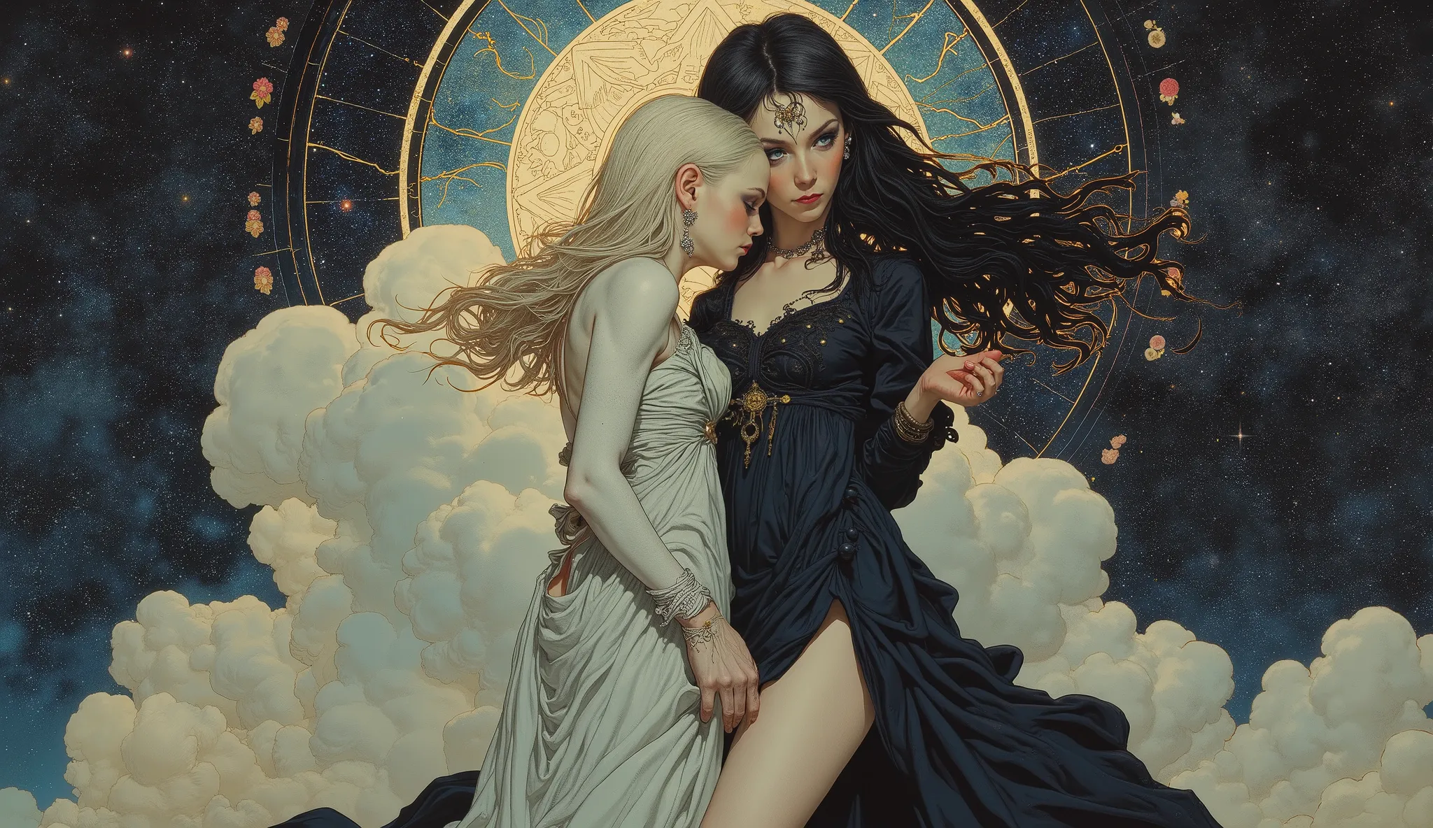 (( Bartolomé Murillo)) ((Cyberpunk's)), unique , In the clouds of the galaxy,　starry sky, halo,  , Blonde Long, ((Bartolomé Esteban Murillo style)),  darkness，SF, ((top quality, masterpiece)), (More Rights  , 高details),  8,000，Canvas Oil Painting, dancing ...