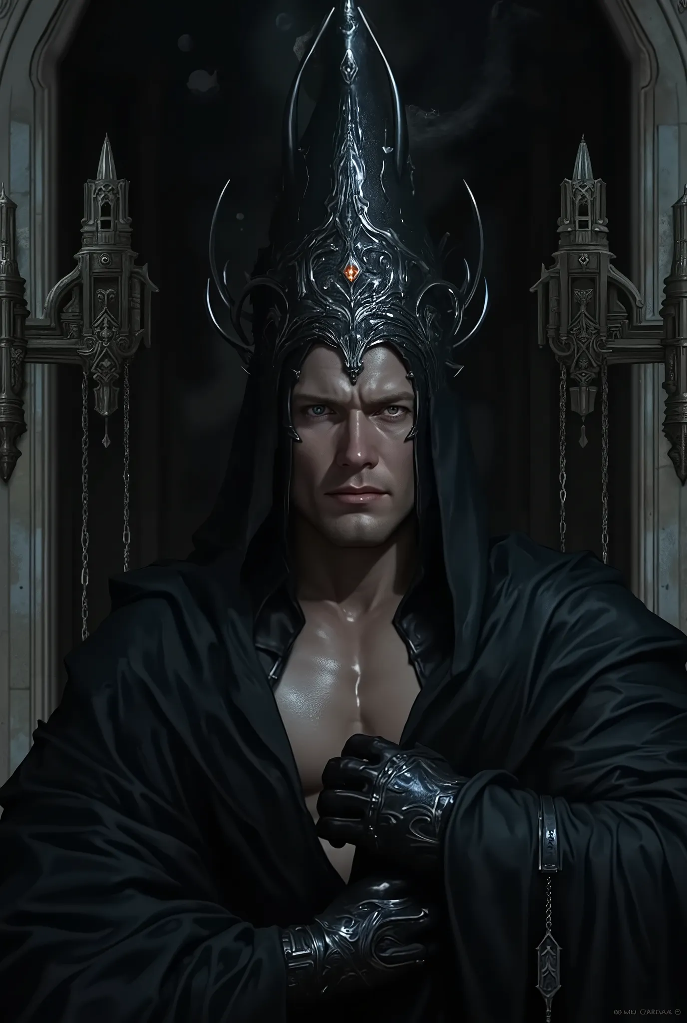 incredibly attractive, muscular man, dark warlock king, height 190 cm, wearing a ((long, deep hood made of thick fabric, completely covering his head and falling over his shoulders)), with a black steel gothic crown adorned with thin chains and mystical en...