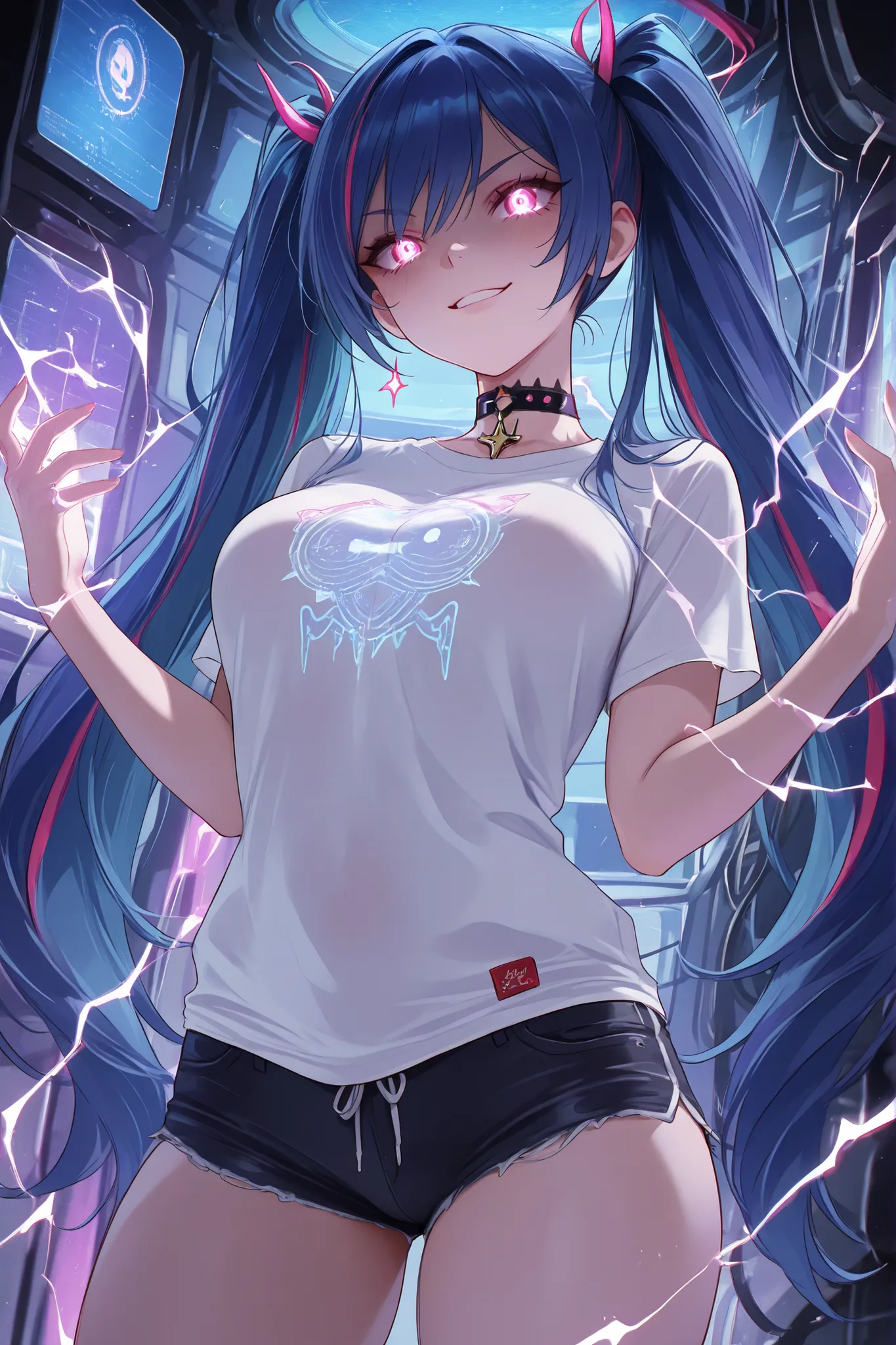 Dratena Belbury , masterpiece , best quality , amazing quality , 1girl , NSFW , chromatic aberration , very long hair , twintails , breasts, A capsule, a hologram inside the capsule, a smile, Glowing eyes, electricity in hands, white T-shirt, Short shorts,...