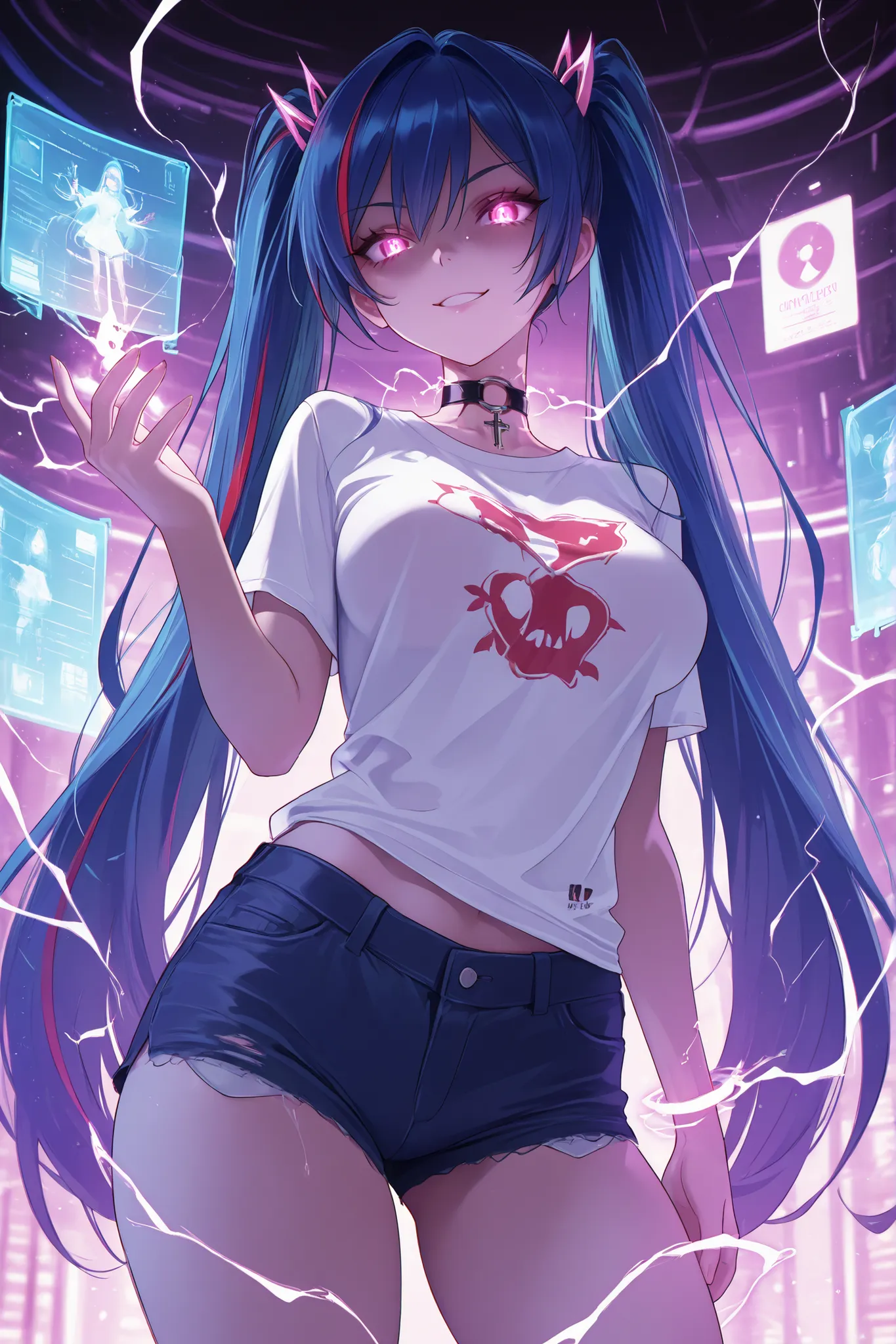 Dratena Belbury , masterpiece , best quality , amazing quality , 1girl , NSFW , chromatic aberration , very long hair , twintails , breasts, A capsule, a hologram inside the capsule, a smile, Glowing eyes, electricity in hands, white T-shirt, Short shorts,...