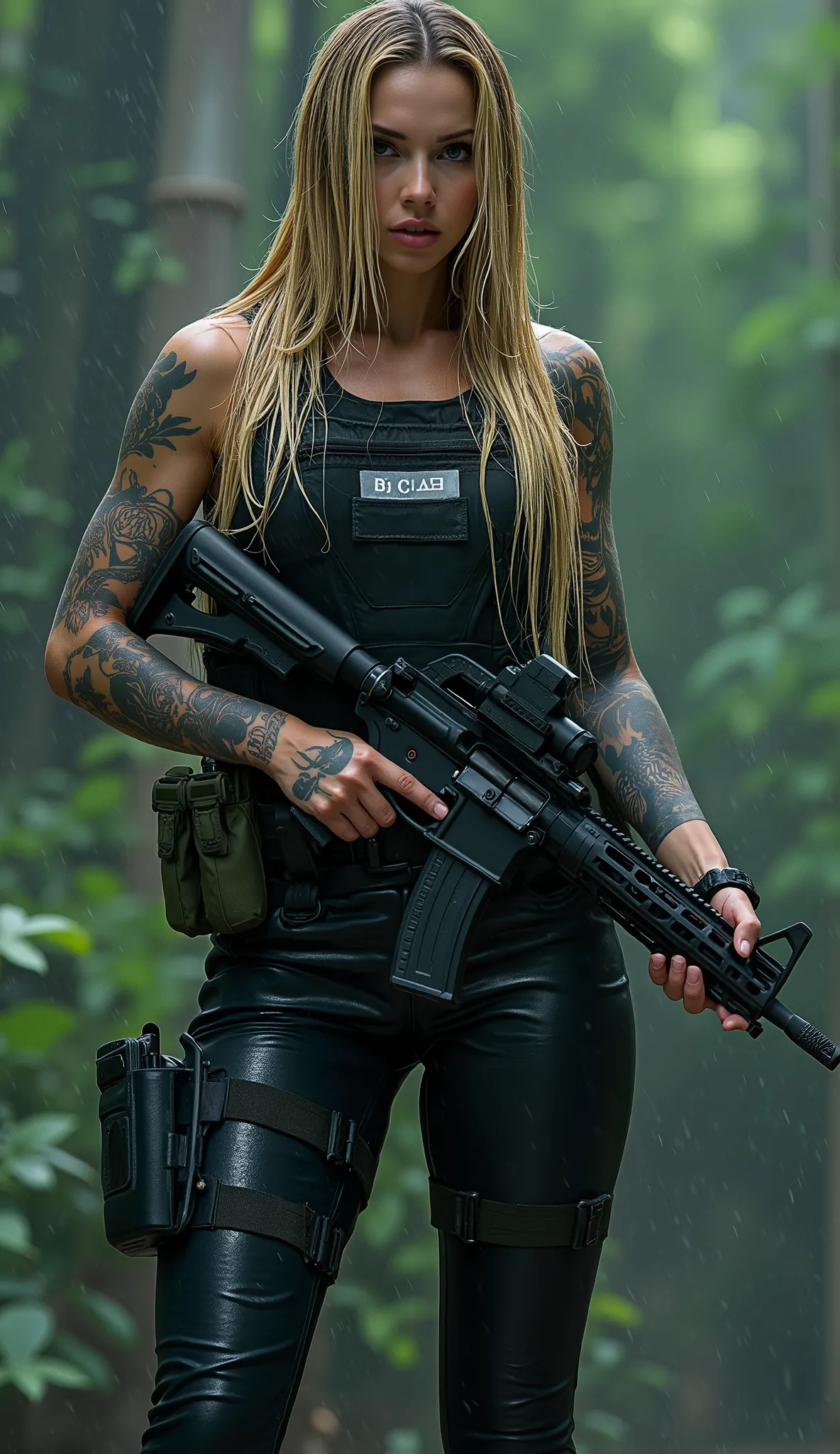 (best quality,8K,shiny hair,photoshiny hair:1.2), shiny hair skin texture,beautiful female member of the American Navy SEALs,  Assault Rifle, assault team , an enemy's defensive stronghold in a rainforest, assaulting , Blonde hair, military pants, , dynami...