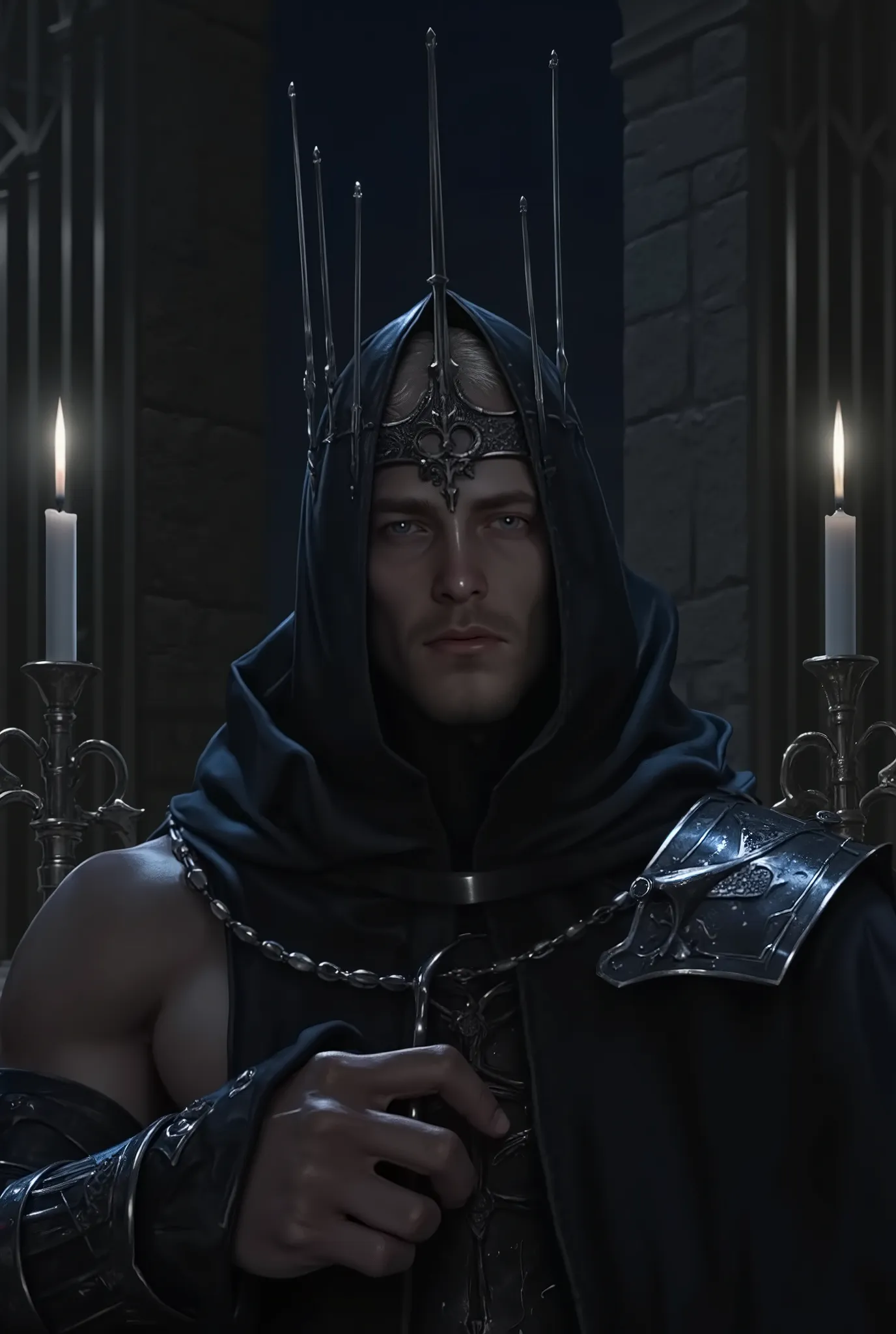 ((masterpiece)), ((high quality:1.2)), high resolution, 8k, (ultra_realistic:1.3), (photorealistic:1.4), incredibly attractive, muscular man, dark warlock king, height 190 cm, wearing a ((long, deep hood made of thick fabric, completely covering his head a...