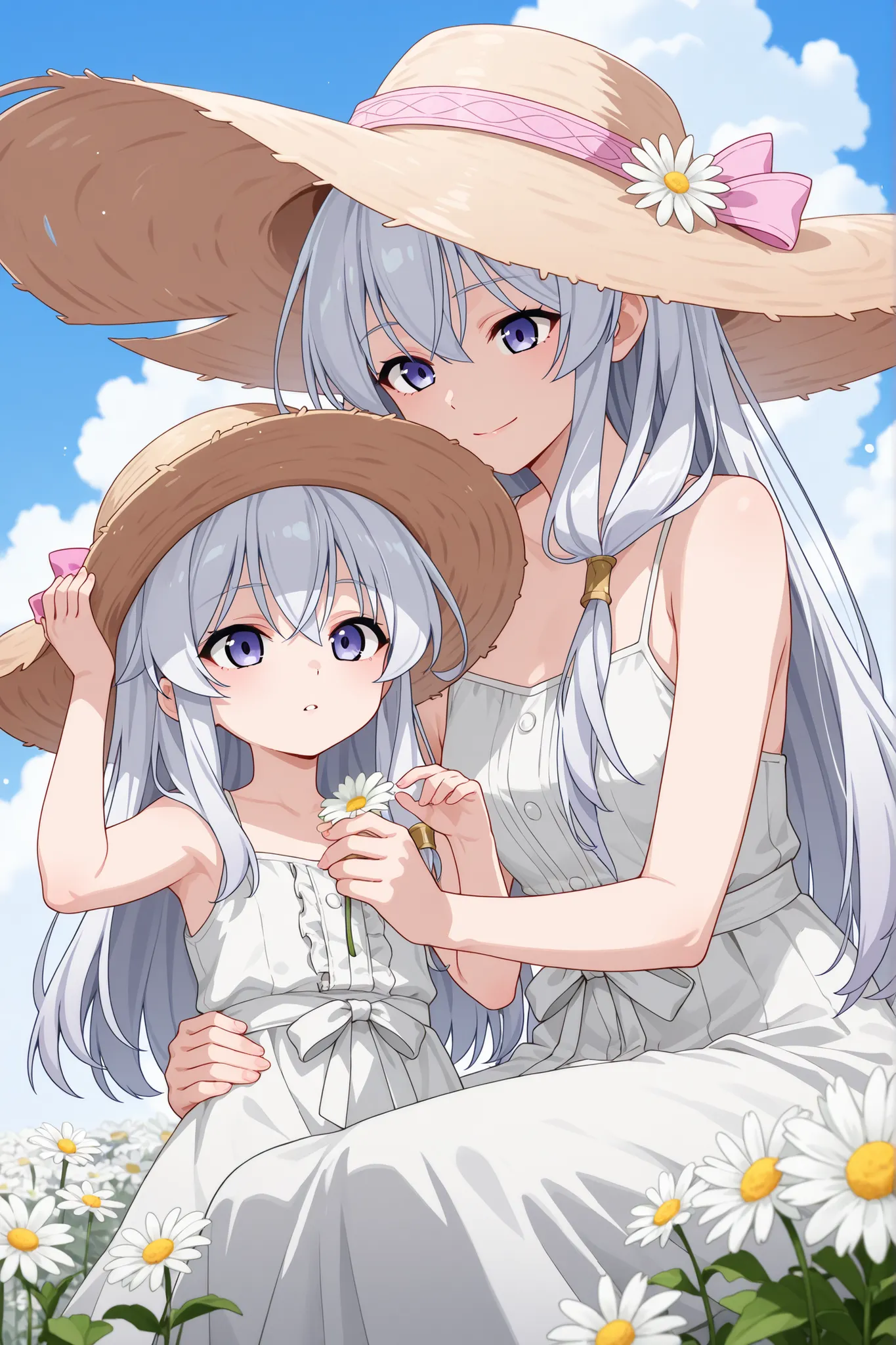 Elaina, mother_and_daughter, 2girls, aged_down, white sundress with ribbon waist tie, spaghetti straps, wide-brim straw hat with ribbon, holding white daisy flower, Summer Breeze Flower Pose, detail hands