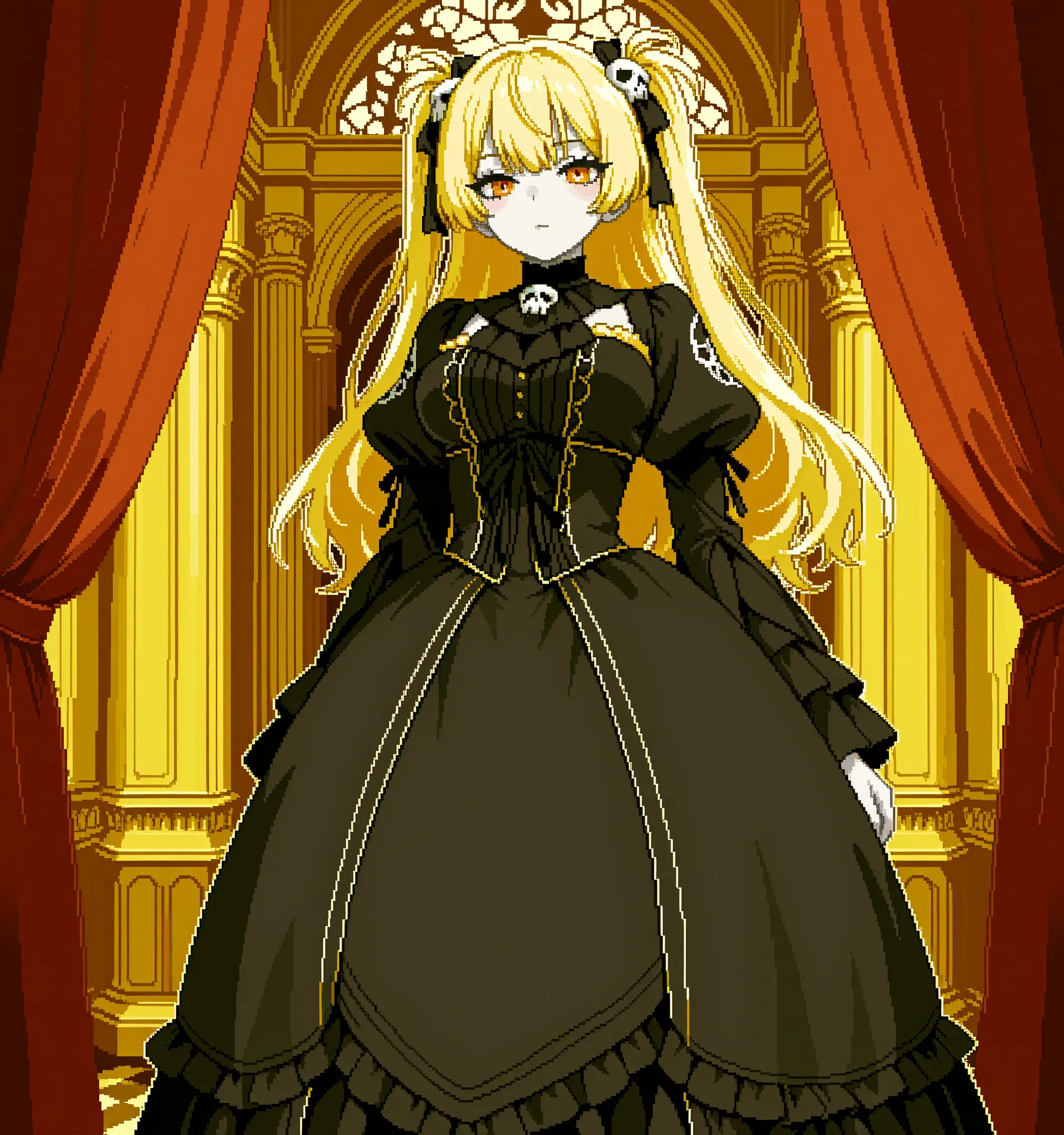 score_9, score_8_up, score_7_up, source_anime, 1girl, solo, pixel art, hoopdress, dark mage BREAK
Blonde hair, long hair, two side up, orange eyes BREAK large breasts, pale skin, black eyelashes, skull hair ornament BREAK
Victorian_dress, black dress BR...