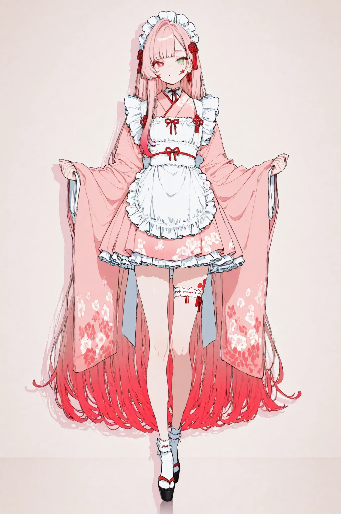 1girl, solo, Full Body, very long hair, gradient hair, Pink Hair, mullet, symbol-shaped pupils, green eyes, Red Eyes, mismatched pupils, longeyelashes, beautiful skin, Japanese clothing, pink kimono, maid, White apron, frills dress, Tall, character design,...