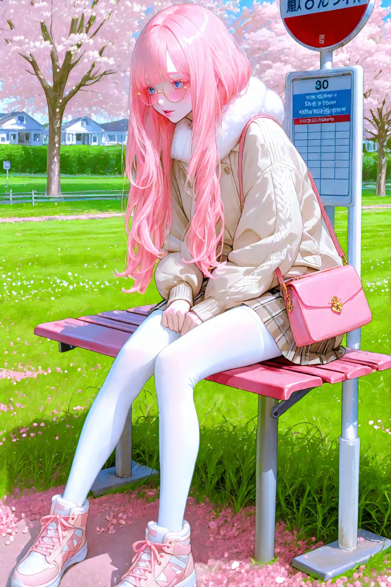 The white-skinned Korean girl. She has white skin with pink blush. She has blue eyes, pink eyelashes and pink eyebrows. She has light Korean makeup, and her lips have pink gloss. She has straight longest ground-length bleached hair with Pink coloring. She ...