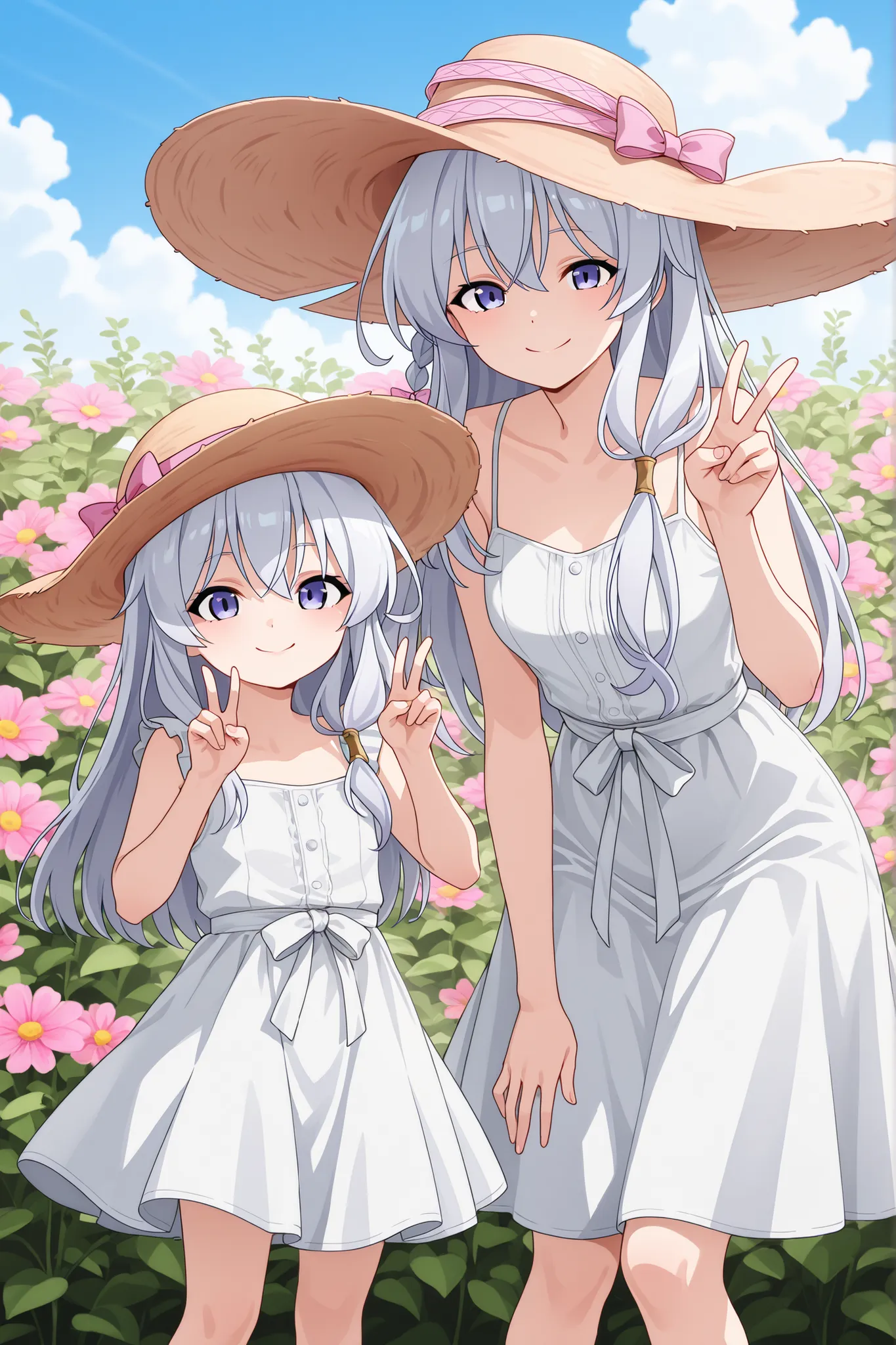 Elaina, mother_and_daughter, 2 girls, aged_down, white sundress with ribbon waist tie, spaghetti straps, wide-brim straw hat with ribbon, in the flower garden , One hand pose forms a V sign next to the face, cheerful expression and full of energy