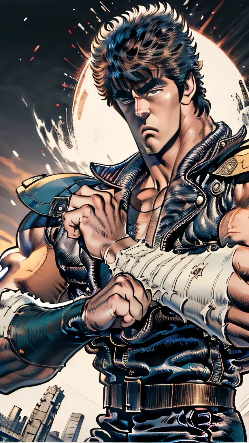 top quality, Detailed skin depiction, detailed expressions, realistic skin texture, beautiful photo, Kenshiro from Fist of the North Star, upper body, angry face, Put your right fist on your left palm, I'm proud, short hair, Dark Leather Pants, boots, crea...