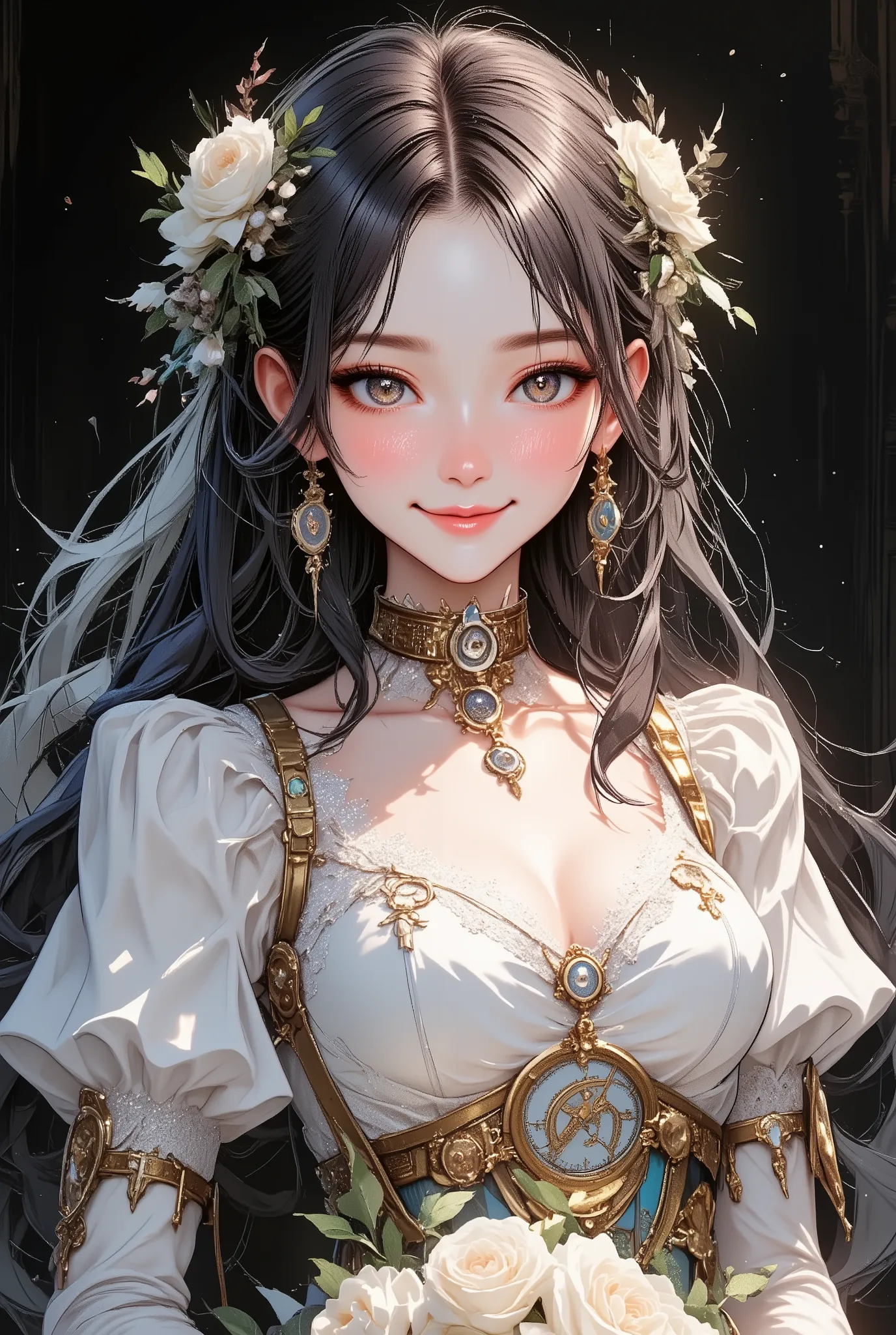 best image quality, incredibly ridiculous , very detailed, 2.5d, Delicate and Dynamic, seductive smile inducing to both breasts, classic puff sleeve pure white wedding dress , amazing style , bouquet, steampunk, Dieselpunk , clock punk...
