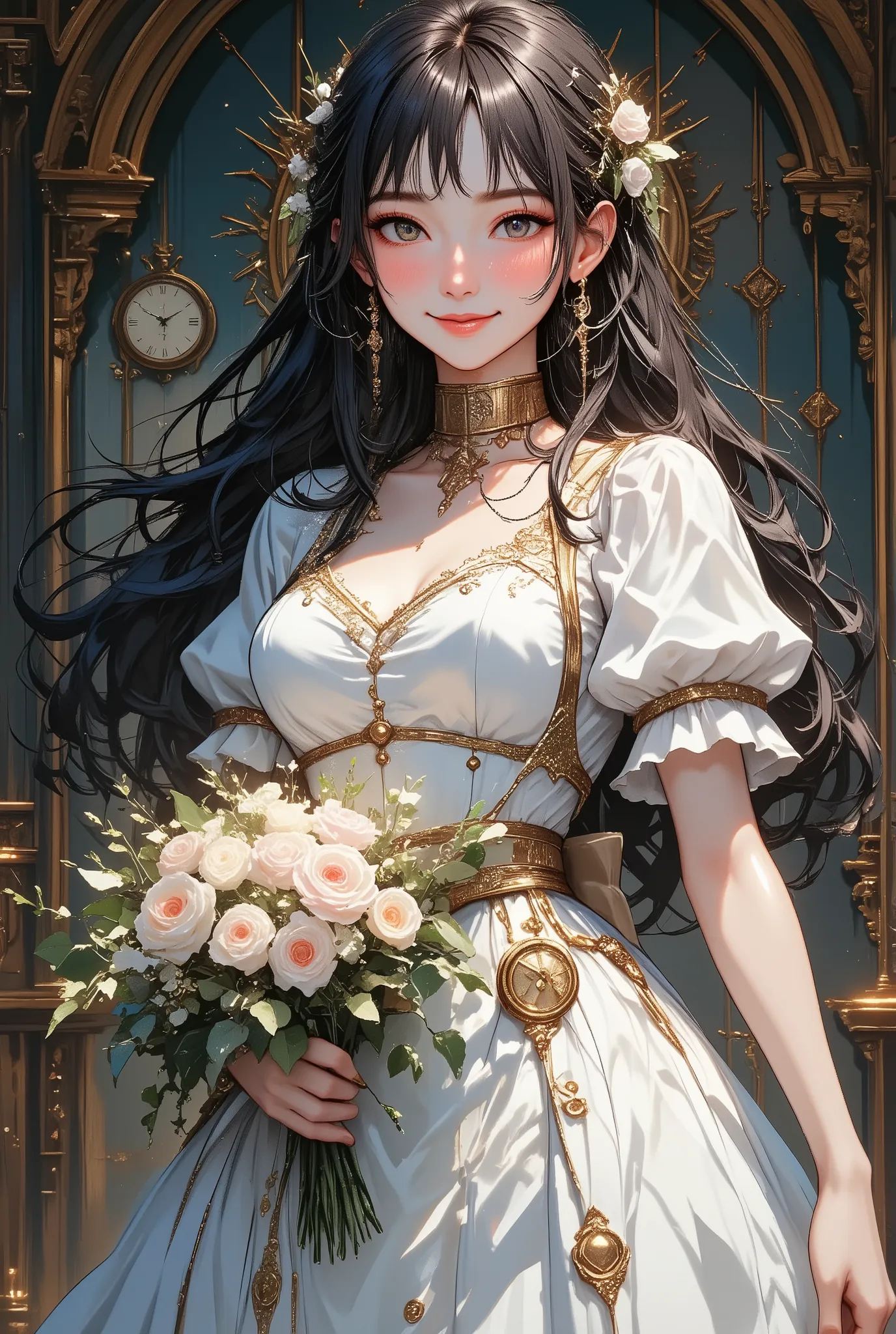 best image quality, incredibly ridiculous , very detailed, 2.5d, Delicate and Dynamic, seductive smile inducing to both breasts, classic puff sleeve pure white wedding dress , amazing style , bouquet, steampunk, Dieselpunk , clock punk...