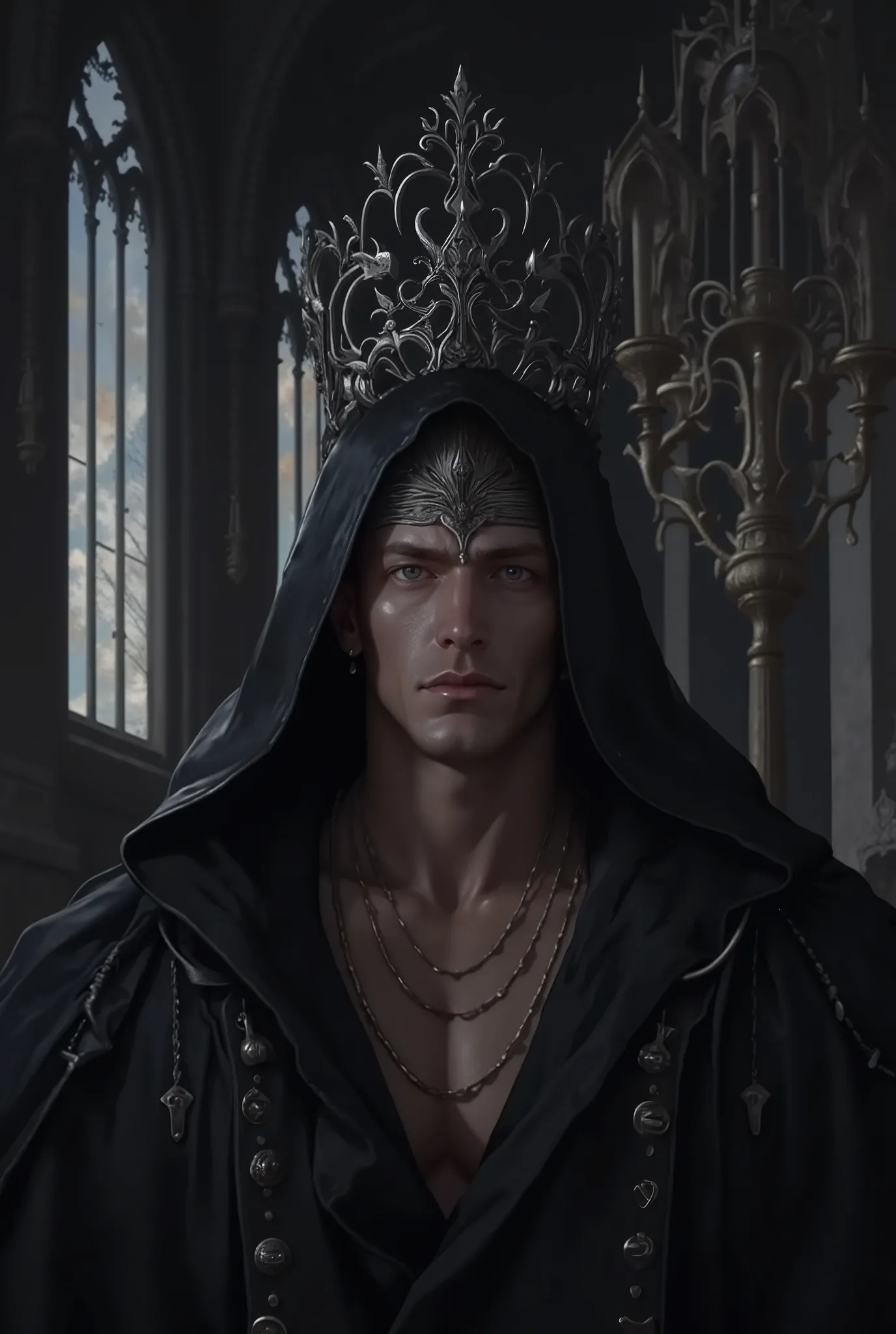 ((masterpiece)), ((high quality:1.2)), high resolution, 8k, (ultra_realistic:1.3), (photorealistic:1.4), incredibly attractive, muscular man, dark warlock king, height 190 cm, wearing a ((long, deep hood made of thick fabric, completely covering his head a...