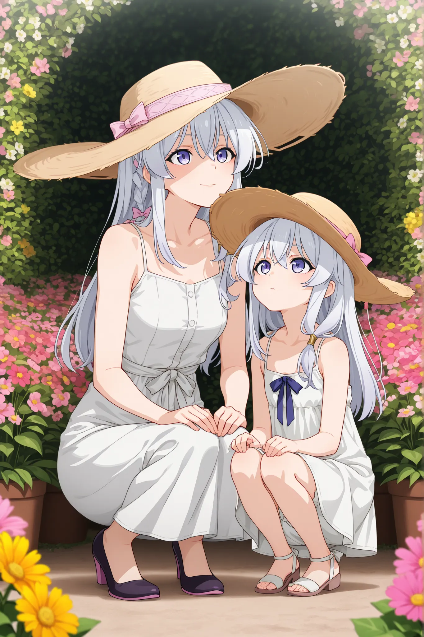 Elaina, mother_and_daughter, 2 girls, aged_down, white sundress with ribbon waist tie, spaghetti straps, wide-brim straw hat with ribbon, in the flower garden ,Squatting, hands resting on knees, looking up cutely