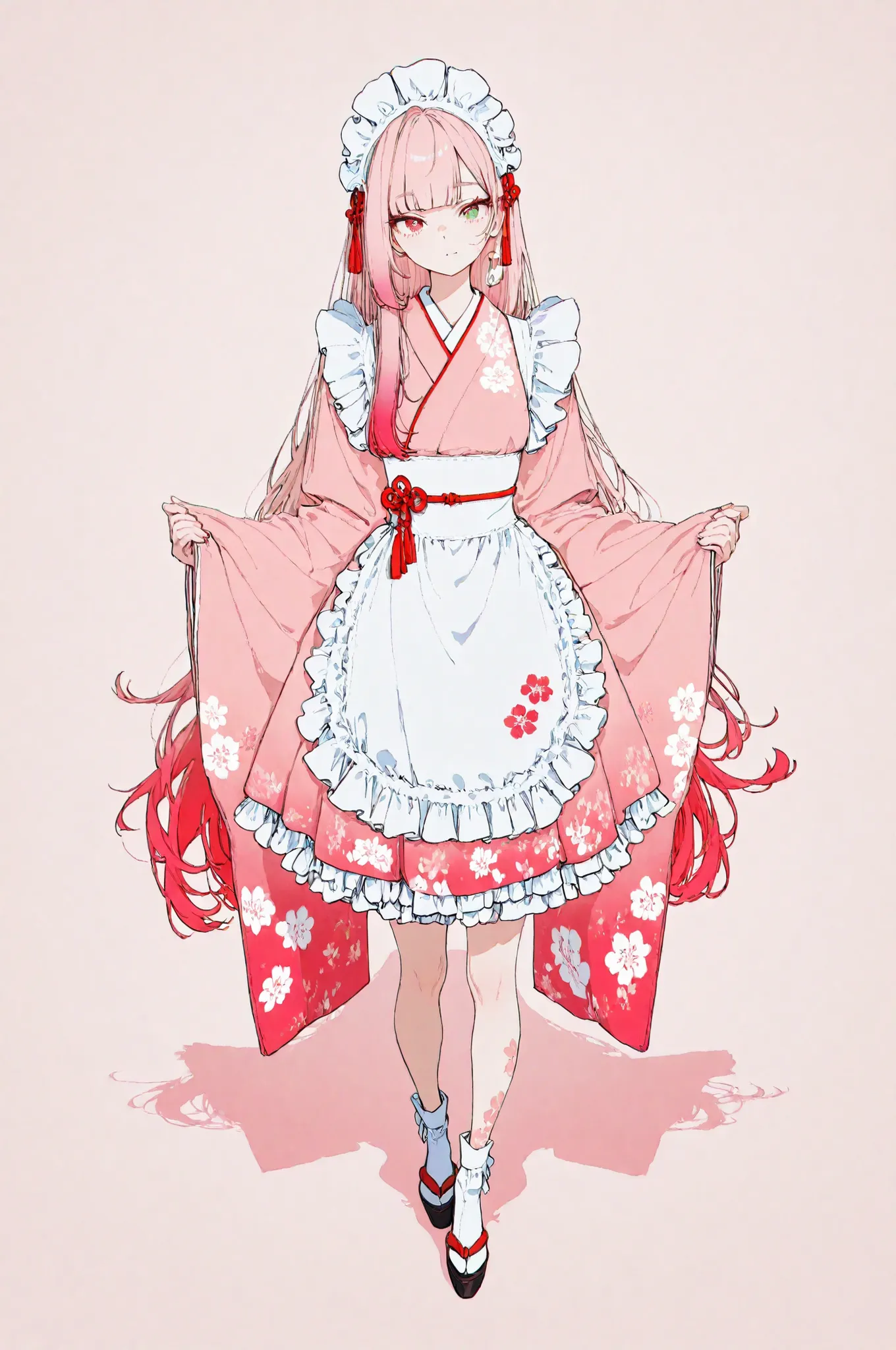 1girl, solo, Full Body, very long hair, gradient hair, Pink Hair, mullet, symbol-shaped pupils, green eyes, Red Eyes, mismatched pupils, longeyelashes, beautiful skin, Japanese clothing, pink kimono, maid, White apron, frills dress, Tall, character design,...