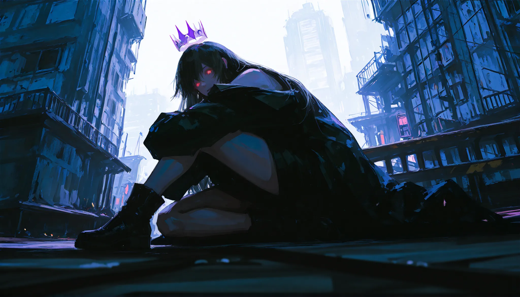 (1girl:1.3), no cat features, black soaked long hair flowing in the wind, glowing red spiral eyes, pale skin, expression of deep rage and determination, elegant punk fashion, dark heavy coat worn halfway off the shoulders, toned legs exposed, slim and powe...
