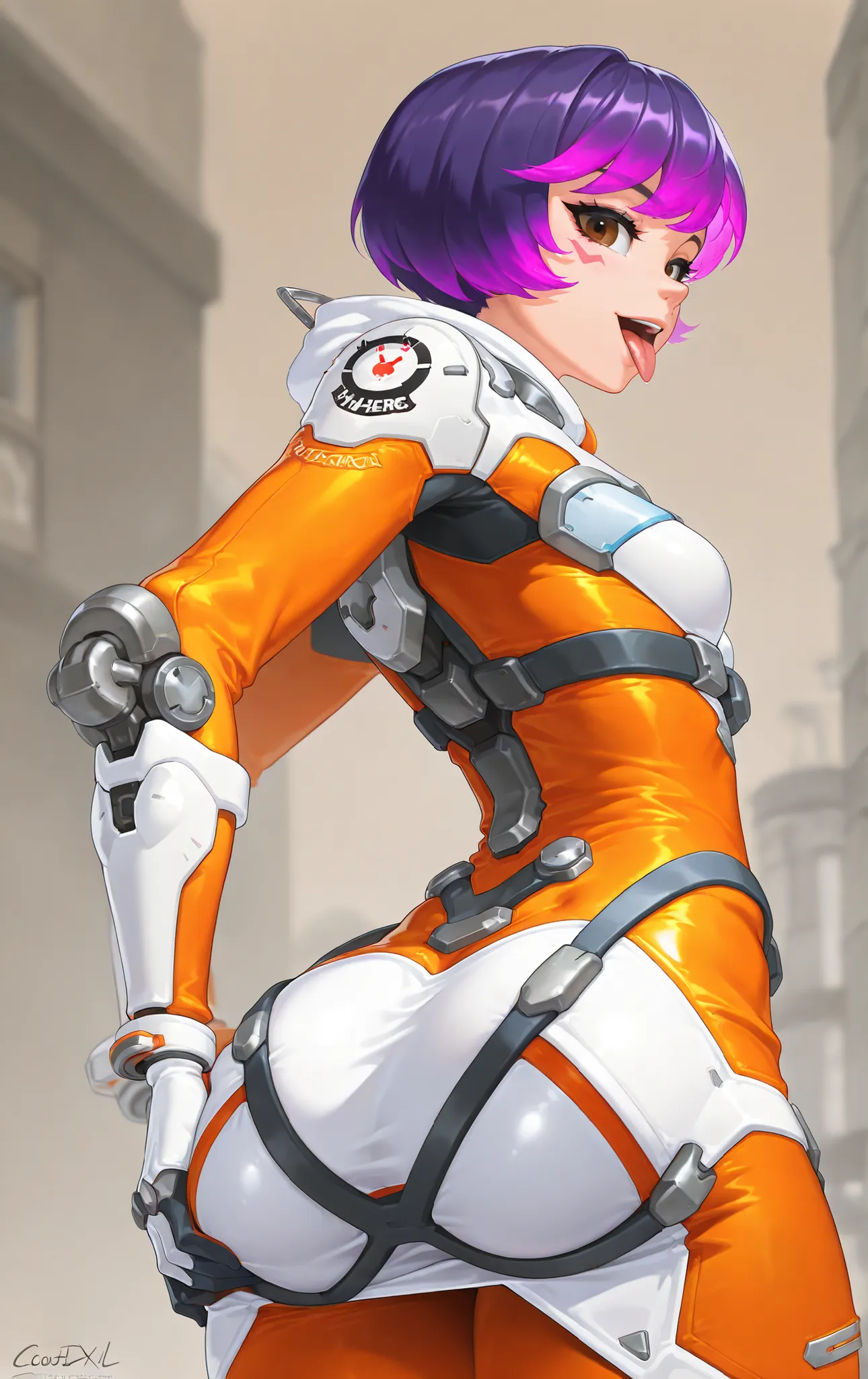 High quality, 1 girl, Juno Teo Minh ((Juno Teo Minh)) from Overwatch, big hips, cout dress, , BREAK junoSDXL, 1girl, short hair, Gloves, pink hair, purple hair, brown eyes, straight bangs, orange swimsuit, skin, orange uniform, She is on her back, with her...