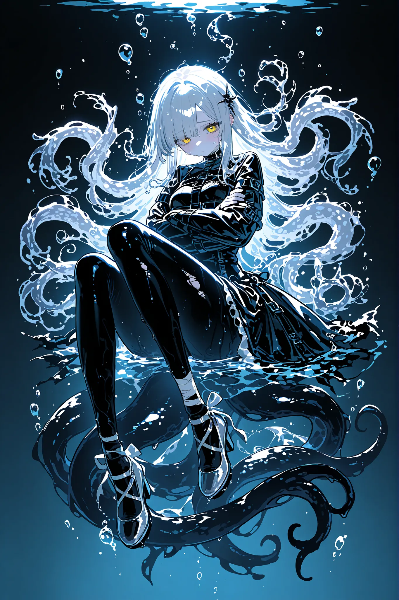 Monster girl  a mermaid octopus or a kraken merfolk. She has jet-black ,wet, glossy skin. She has four yellow eyes with a horizontal pupil. She has longest black tentacle hairstyle, tentacles of her bangs are wriggling in the water. She is wearing a long s...