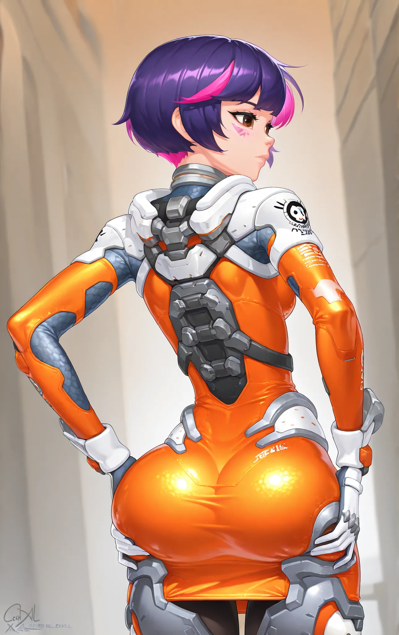 High quality, 1 girl, Juno Teo Minh ((Juno Teo Minh)) from Overwatch, big hips, cout dress, , BREAK junoSDXL, 1girl, short hair, Gloves, pink hair, purple hair, brown eyes, straight bangs, orange swimsuit, skin, orange uniform, She is on her back, with her...