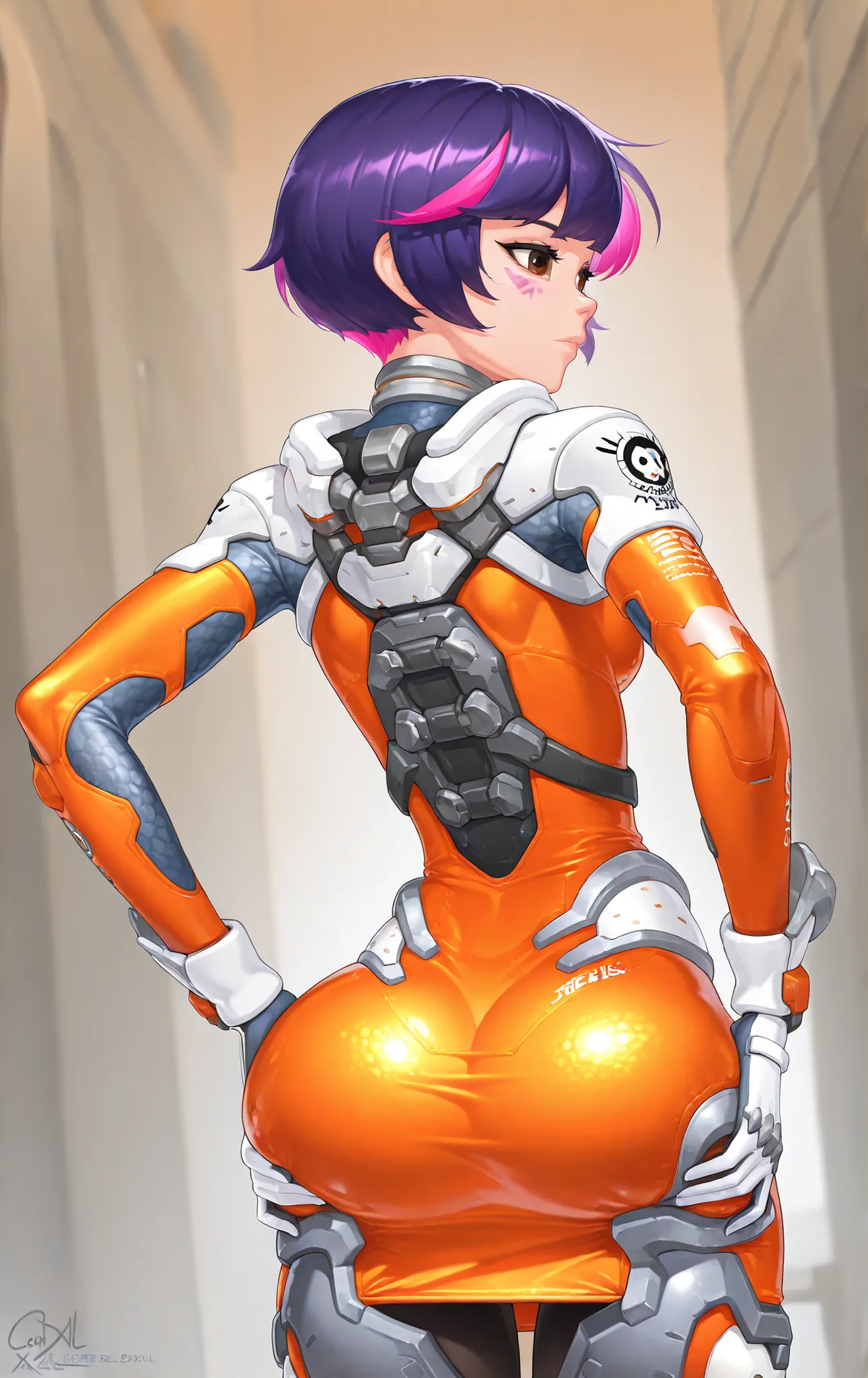 High quality, 1 girl, Juno Teo Minh ((Juno Teo Minh)) from Overwatch, big hips, cout dress, , BREAK junoSDXL, 1girl, short hair, Gloves, pink hair, purple hair, brown eyes, straight bangs, orange swimsuit, skin, orange uniform, She is on her back, with her...