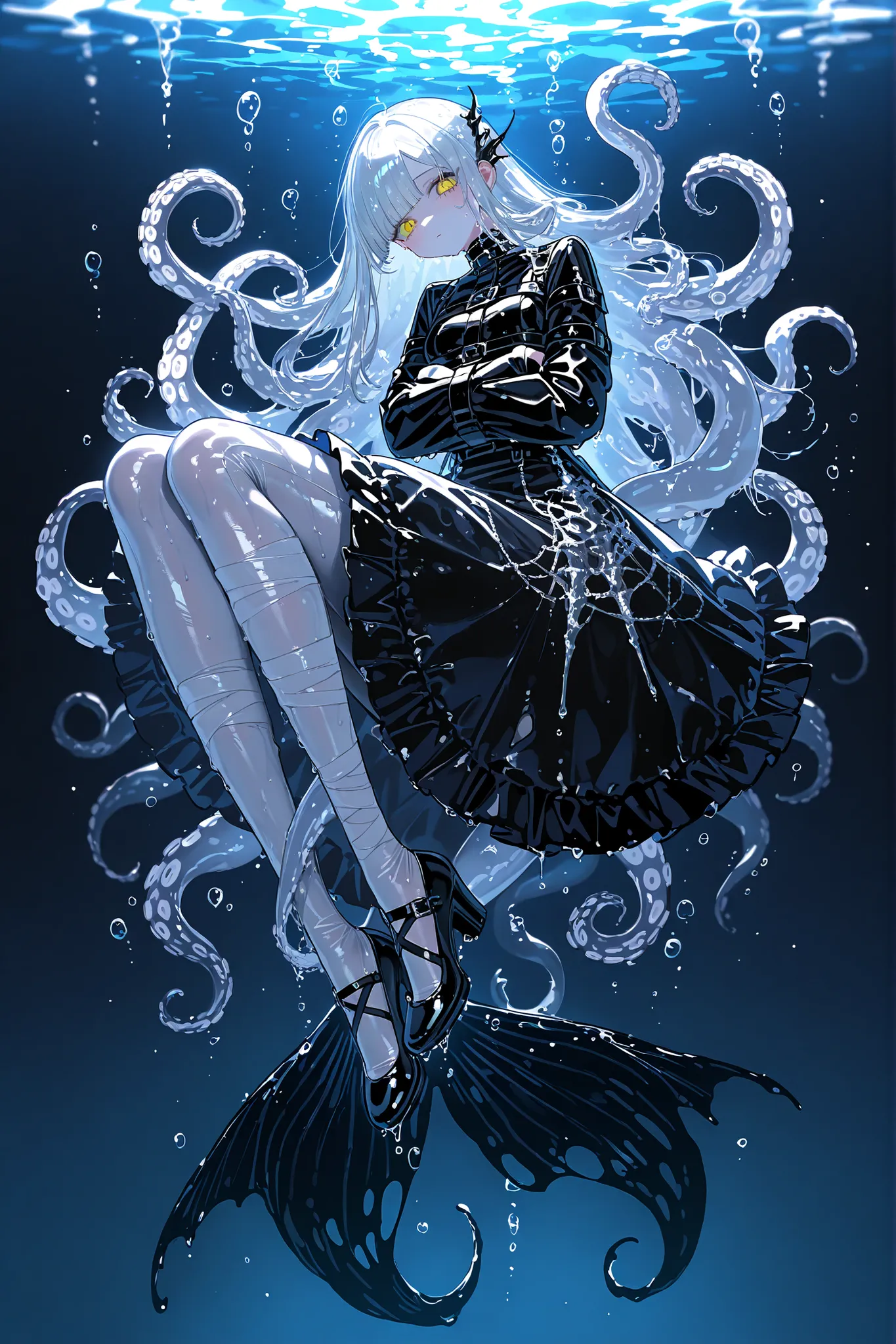 Monster girl  a mermaid octopus or a kraken merfolk. She has jet-black ,wet, glossy skin. She has four yellow eyes with a horizontal pupil. She has longest black tentacle hairstyle, tentacles of her bangs are wriggling in the water. She is wearing a long s...