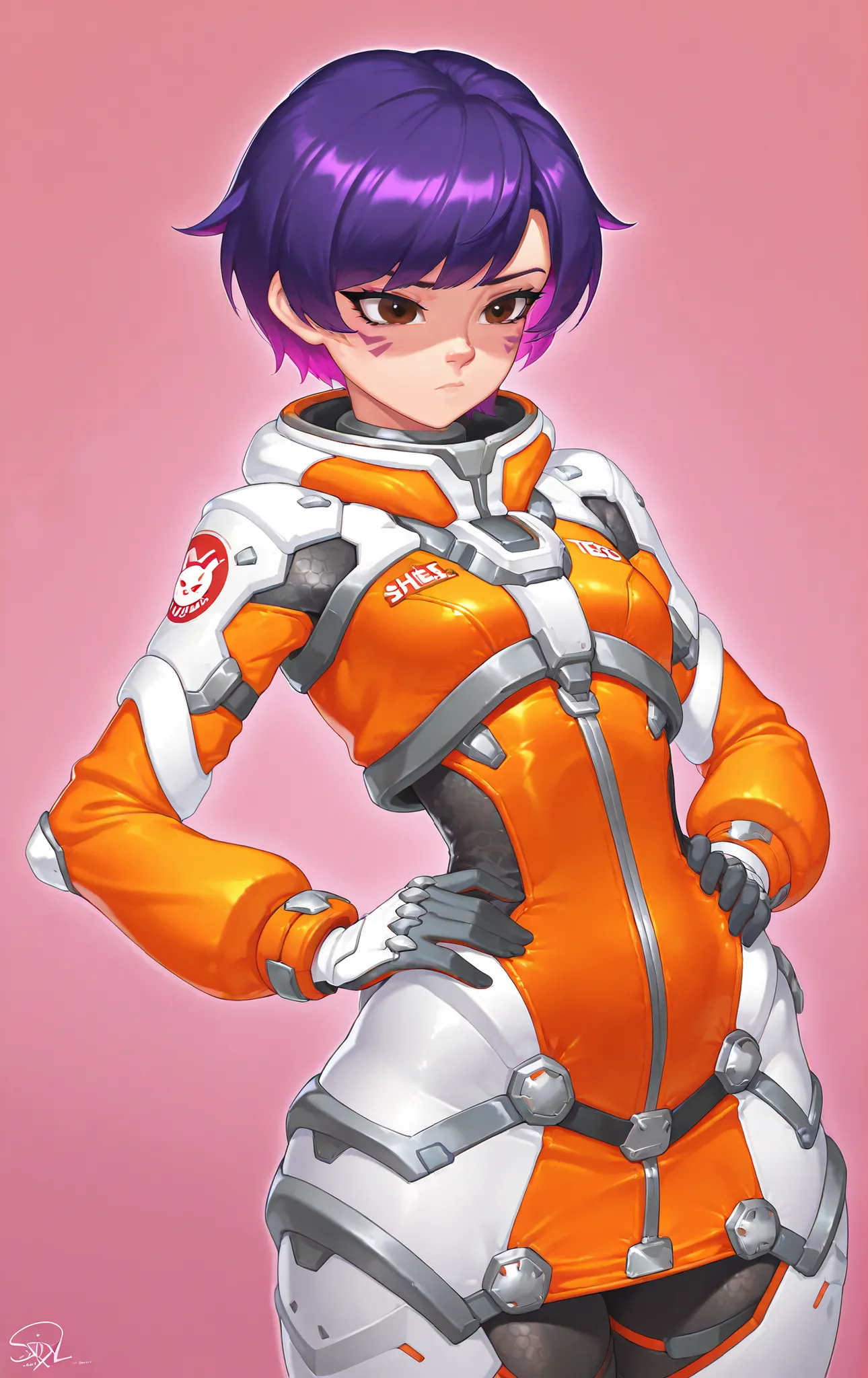 High quality, 1 girl, Juno Teo Minh ((Juno Teo Minh)) from Overwatch, big hips, cout dress, , BREAK junoSDXL, 1girl, short hair, Gloves, pink hair, purple hair, brown eyes, straight bangs, orange swimsuit, skin, orange uniform, She is upset, looks disappro...