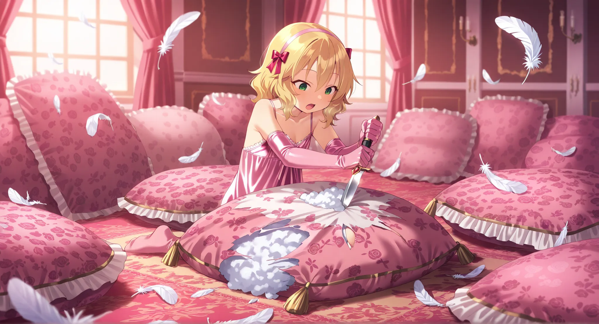 (score_9:0.9),score_8_up,score_7_up,negative_hand, realistic,satoukuuki,satou kuuki,warm color,sakurai momoka, short hair, blonde hair, wavy hair, hairband, hair bow, bangs, hair between eyes, green eyes, flat chest, camisole, over elbow glove, underwear, ...