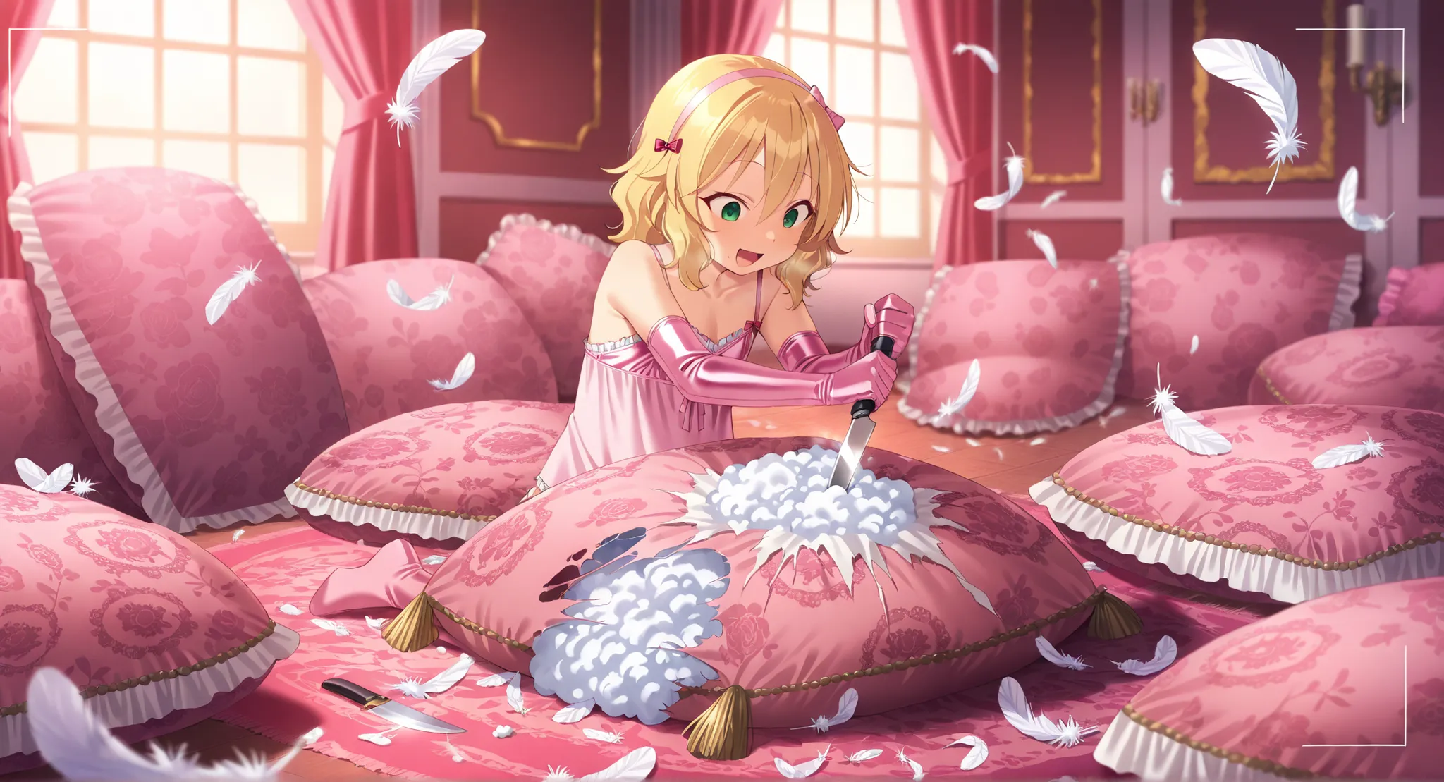 (score_9:0.9),score_8_up,score_7_up,negative_hand, realistic,satoukuuki,satou kuuki,warm color,sakurai momoka, short hair, blonde hair, wavy hair, hairband, hair bow, bangs, hair between eyes, green eyes, flat chest, camisole, over elbow glove, underwear, ...