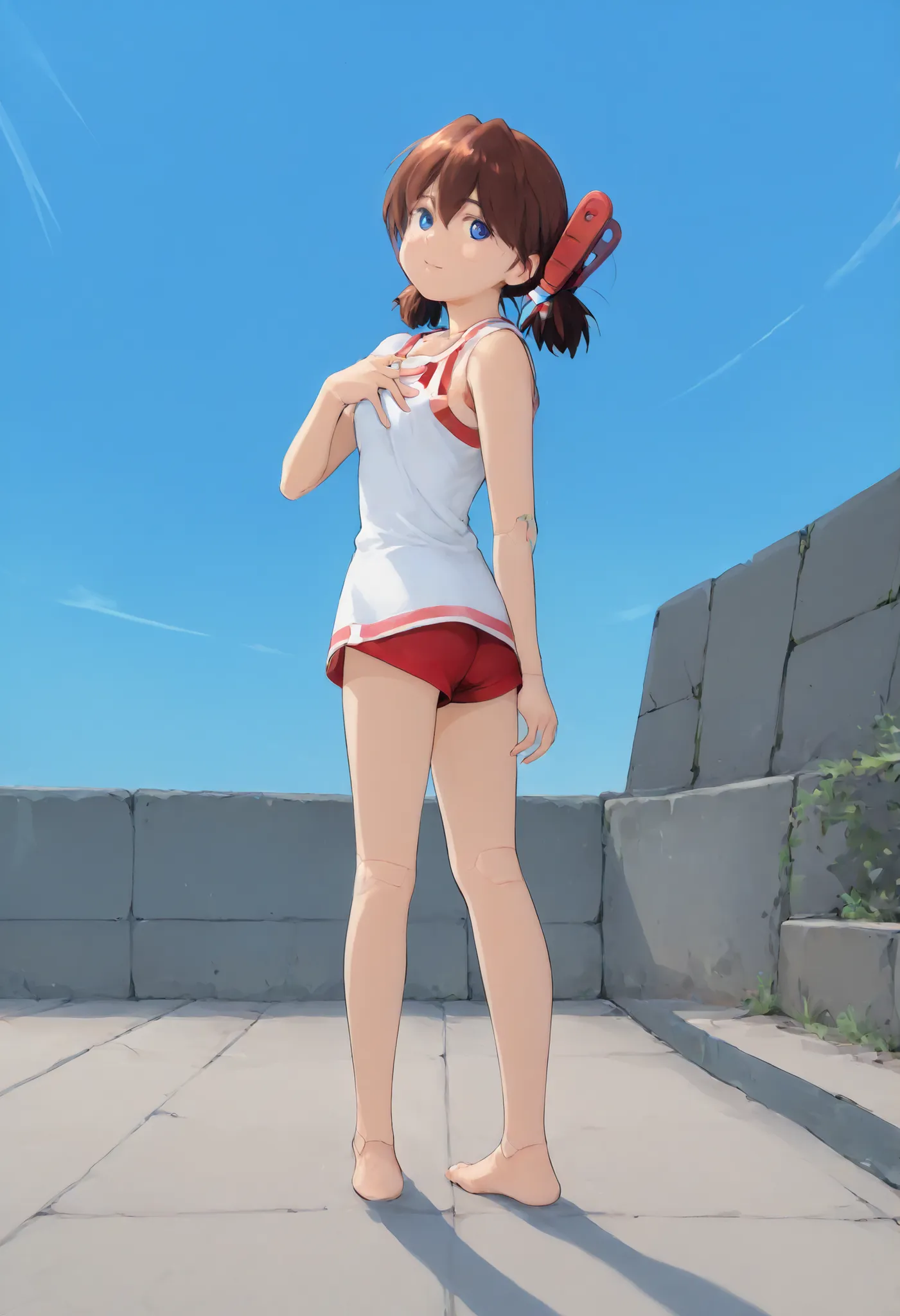  A doll lady is very short pigtails, brown hair, Hair tie with two red big crimson red clothespins, android, blue eyes, flushed cheeks, anime picture. angle from back view. barefoot. she is in blue sky. She wares only white one-piece. She closes eyes. She ...