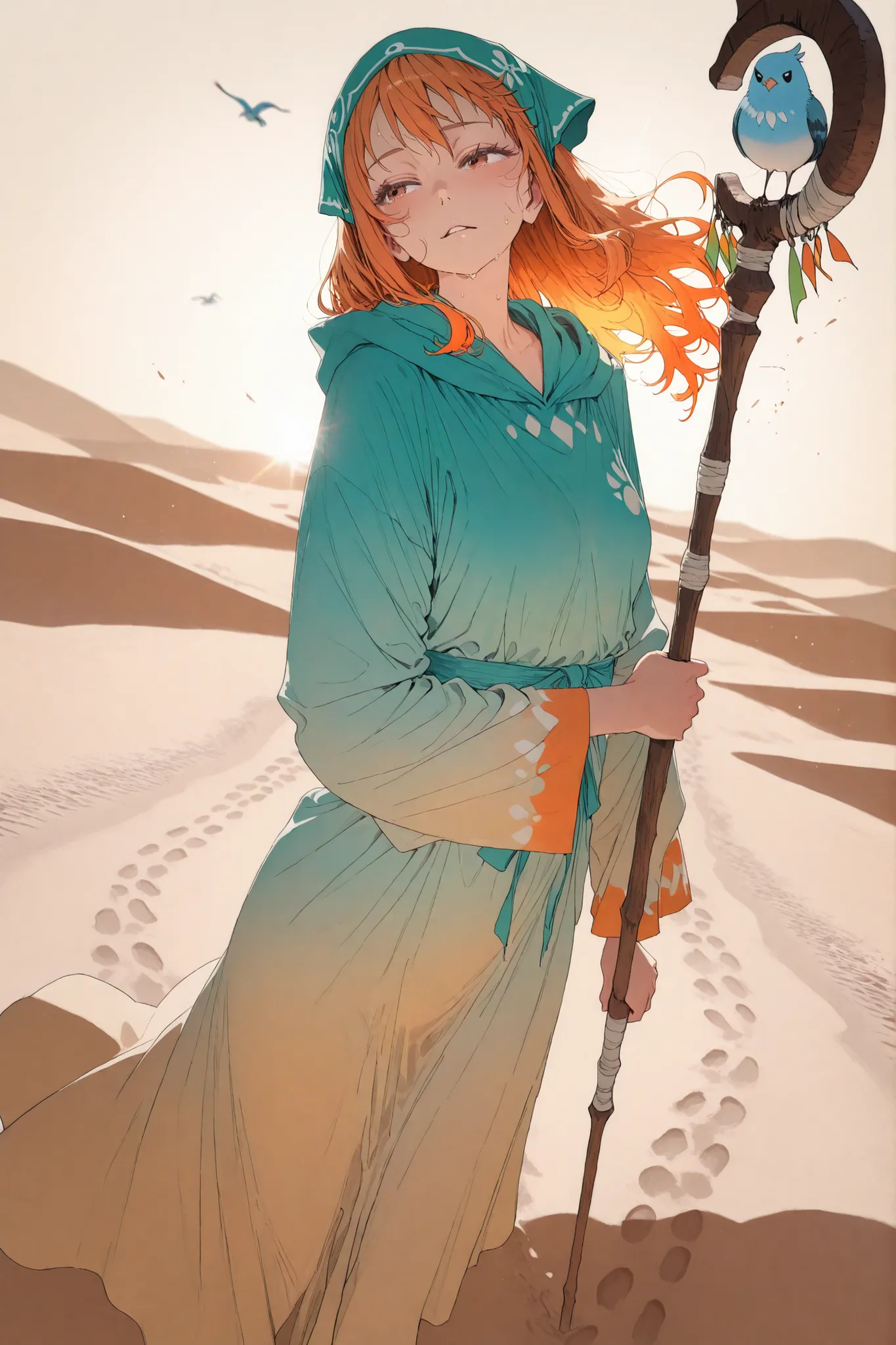 masterpiece, ultra highres, best quality
1 girl, Nami onepiece, desert survival scene, exhausted expression, desert nomad outfit, full-length protective clothing, sand-colored robes, headscarf covering orange hair, some hair strands escaping in wind, leani...