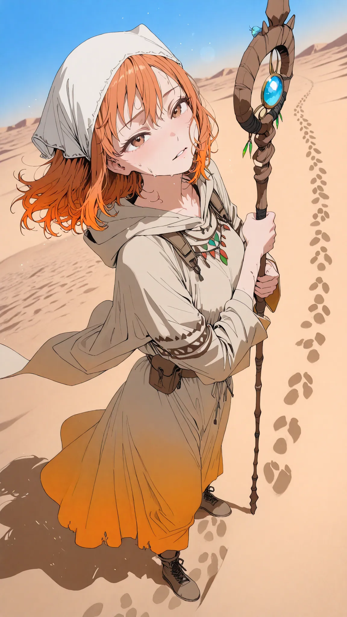 masterpiece, ultra highres, best quality
1 girl, Nami onepiece, desert survival scene, exhausted expression, desert nomad outfit, full-length protective clothing, sand-colored robes, headscarf covering orange hair, some hair strands escaping in wind, leani...