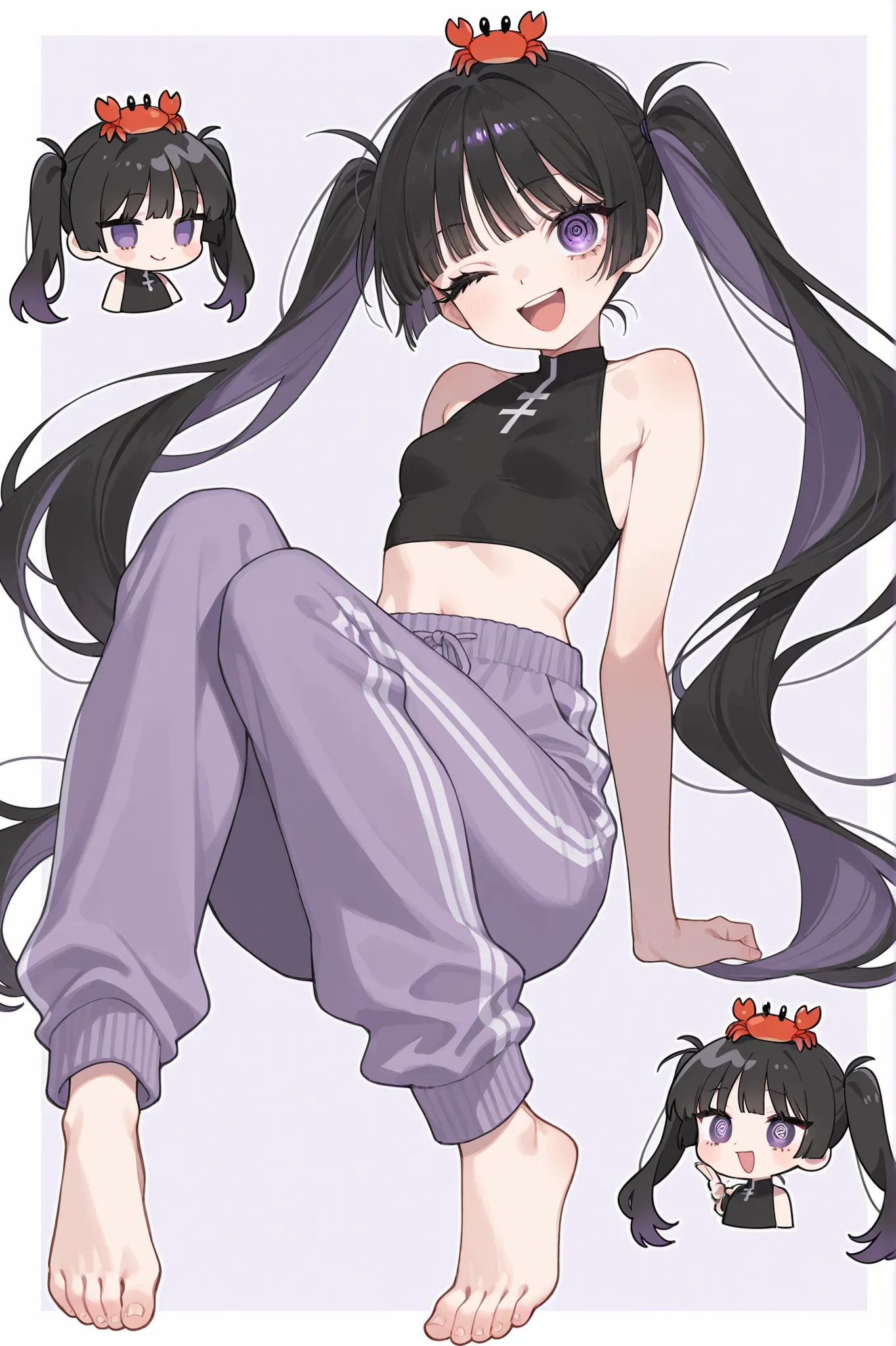 single girl、Composition showing the whole body、dark haired、holding long twin tails together with black hair ties、purple inner color、bangs are straight、purple eyes、plain black sleeveless top、purple sweatpants、Barefoot、Slender-eyed、long eyelashes and lower l...