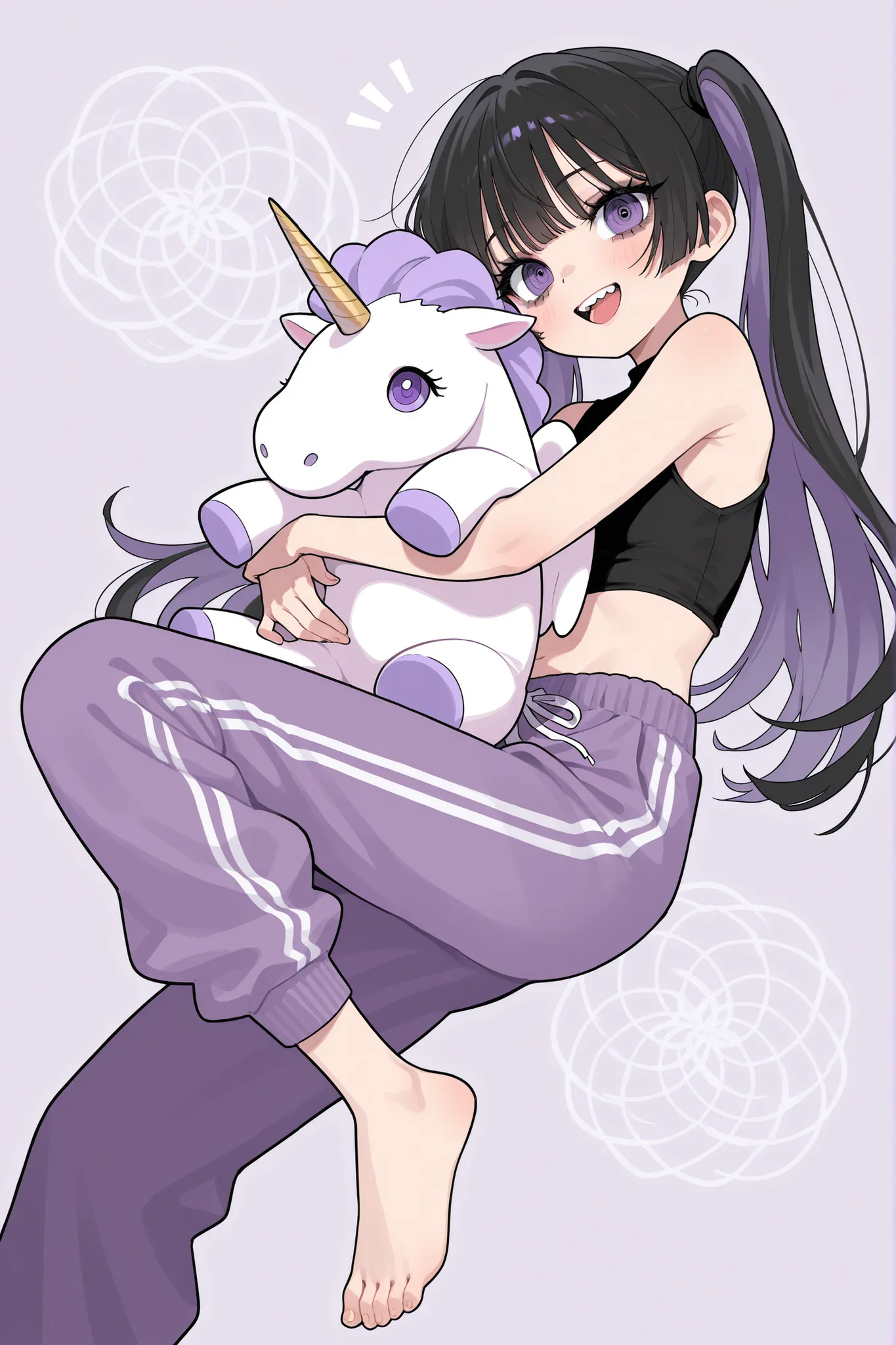 single girl、Composition showing the whole body、dark haired、holding long twin tails together with black hair ties、purple inner color、bangs are straight、purple eyes、plain black sleeveless top、purple sweatpants、Barefoot、Slender-eyed、long eyelashes and lower l...