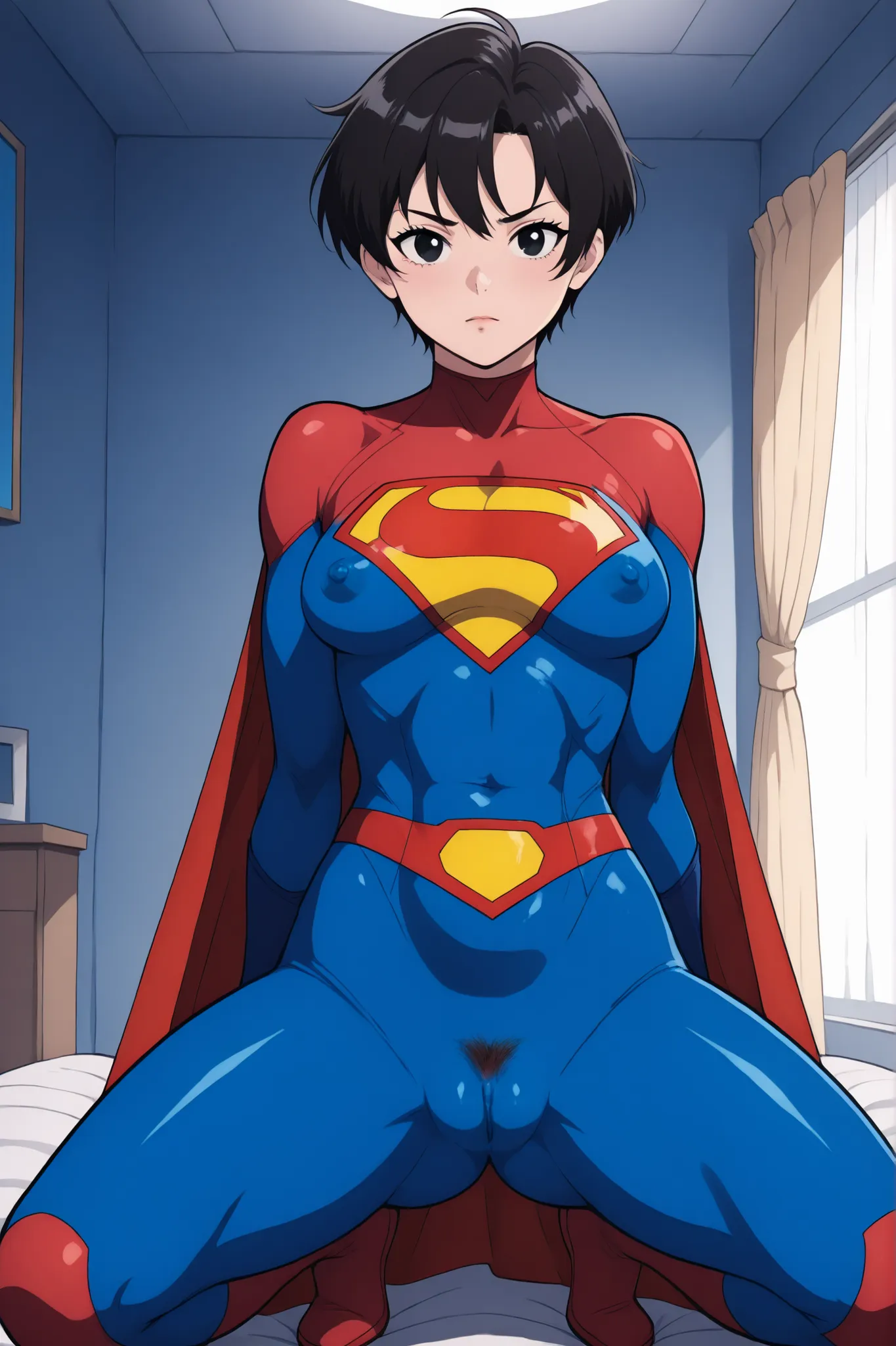 score_9, score_8_up, score_7_up, score_6_up, source_anime, BREAK, SupergirlTFXL, black eyes, black hair, short hair, curtain hair, medium breasts, superhero, red cape, bodysuit, red bodysuit, blue bodysuit, solo, looking at viewer, indoors covered nipples,...